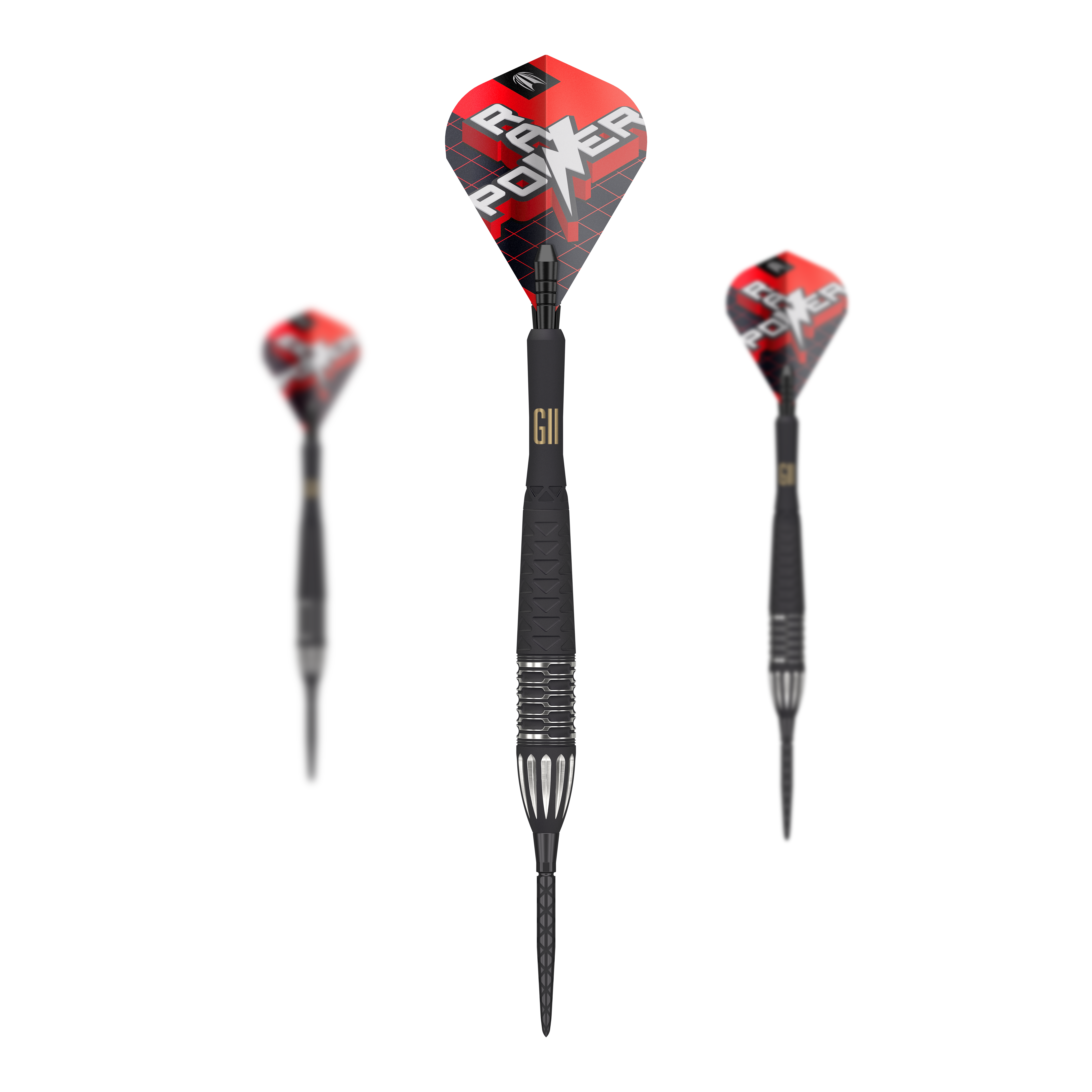 Das Bild zeigt drei Steeldarts des Modells "Target Phil Taylor RAW Power 9Five GEN11 Swiss Point". Die Darts haben schwarze Schäfte und rote Flights mit der Aufschrift "POWER".