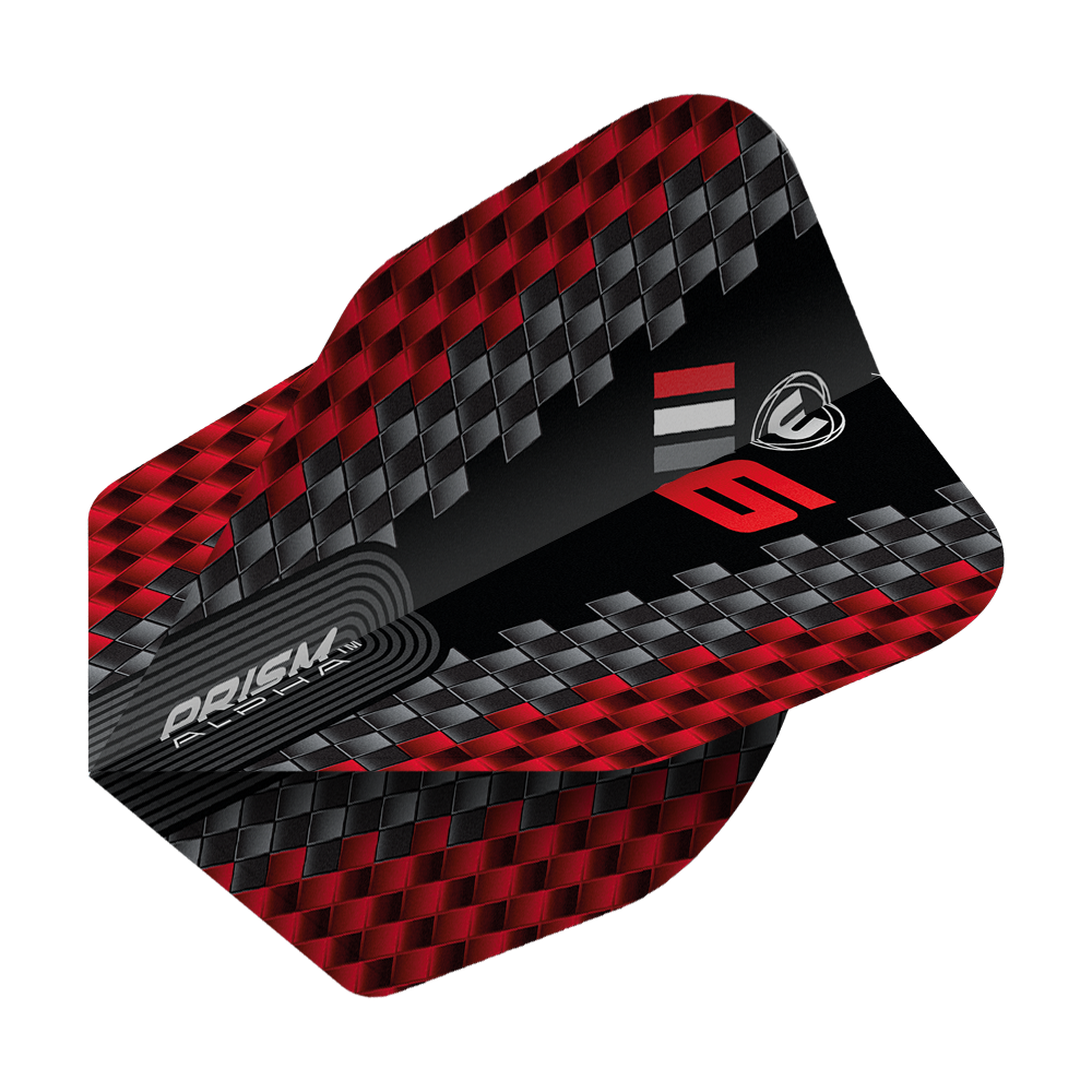 Winmau Prism Alpha Blade 6 Chevron No6 Flights Das Bild zeigt ein Winmau Prism Alpha Blade 6 Chevron No6 Flight für Dartpfeile. Das Flight hat ein rot-schwarzes Karomuster mit silbernen und roten Akzenten.
