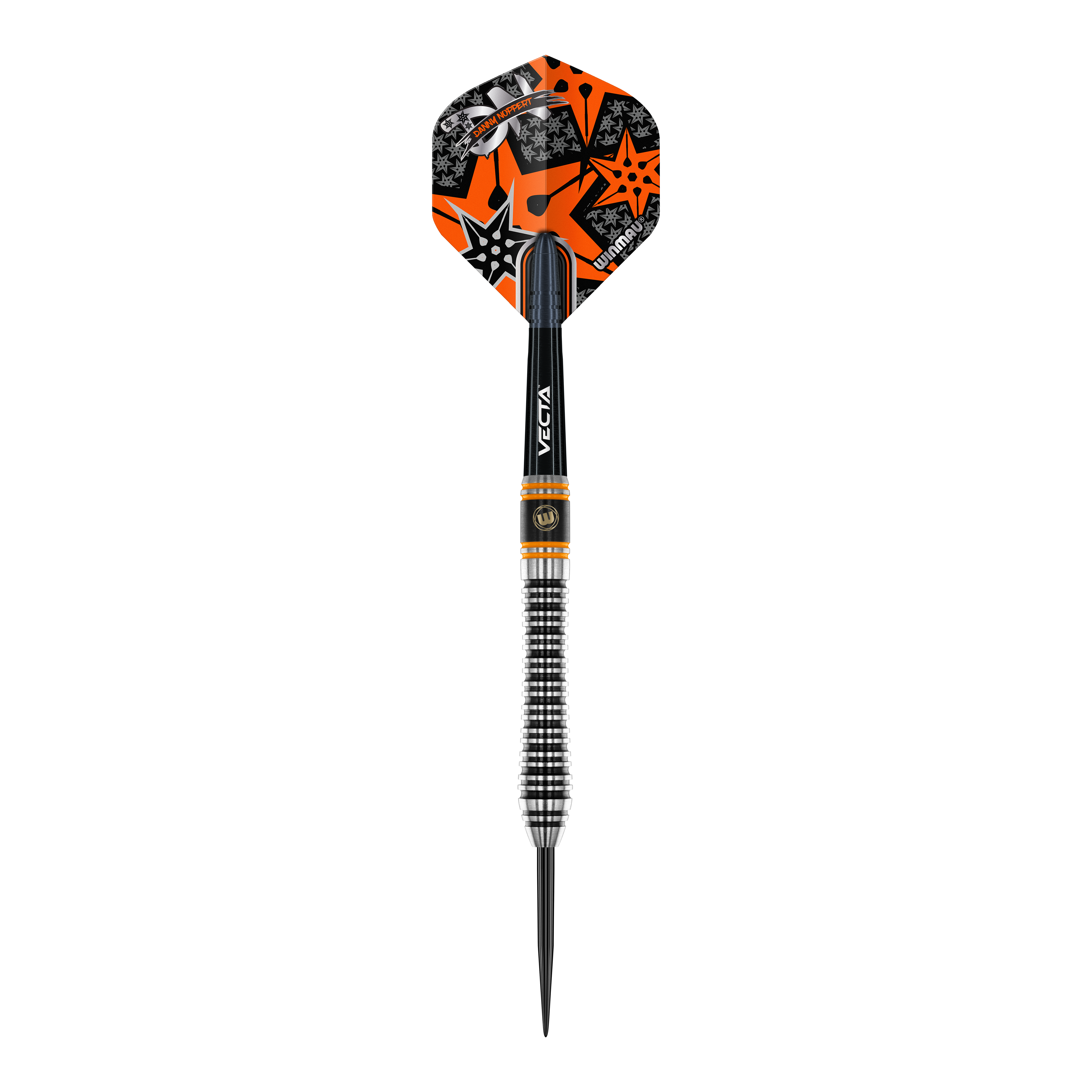 Winmau Danny Noppert Signature Edition 2 stalowe strzałki Dies ist ein Winmau Danny Noppert Signature Edition 2 Steeldart. Der Dart hat ein auffälliges schwarzes, silbernes und orangefarbenes Design mit Sternmotiven auf dem Flight.