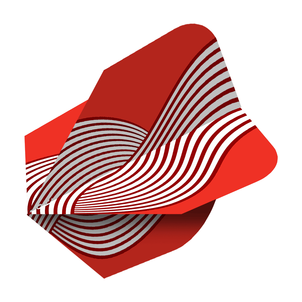 Shot ZEN Kyudo No6 Flights Das Bild zeigt das Produkt "Shot ZEN Kyudo No6 Flights". Es handelt sich um einen Dartflight mit einem roten und weißen, wellenförmigen Linienmuster.