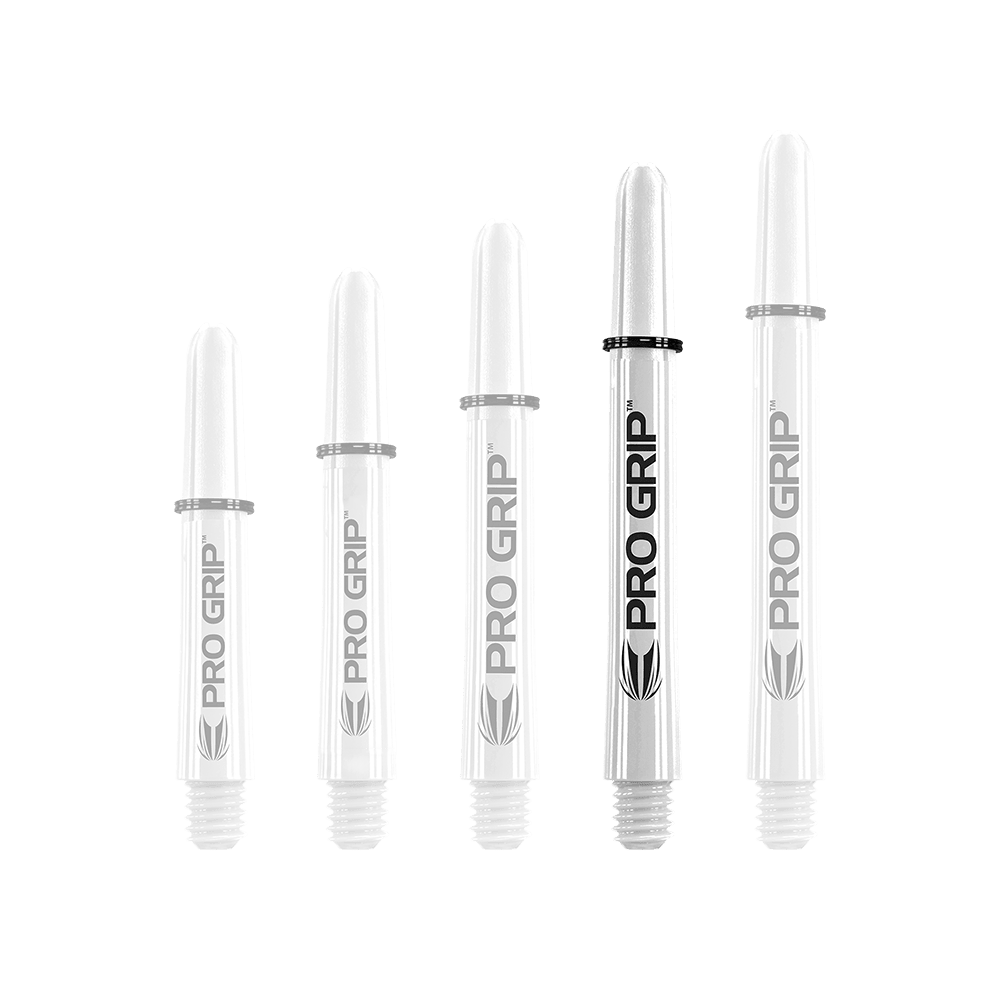 Uchwyty Target Pro Grip - 3 zestawy - białe Auf dem Bild sind fünf weiße Pro Grip Shafts für Dartpfeile in unterschiedlicher Länge zu sehen. Sie sind mit dem Schriftzug "PRO GRIP" und einem schwarzen Ring versehen.