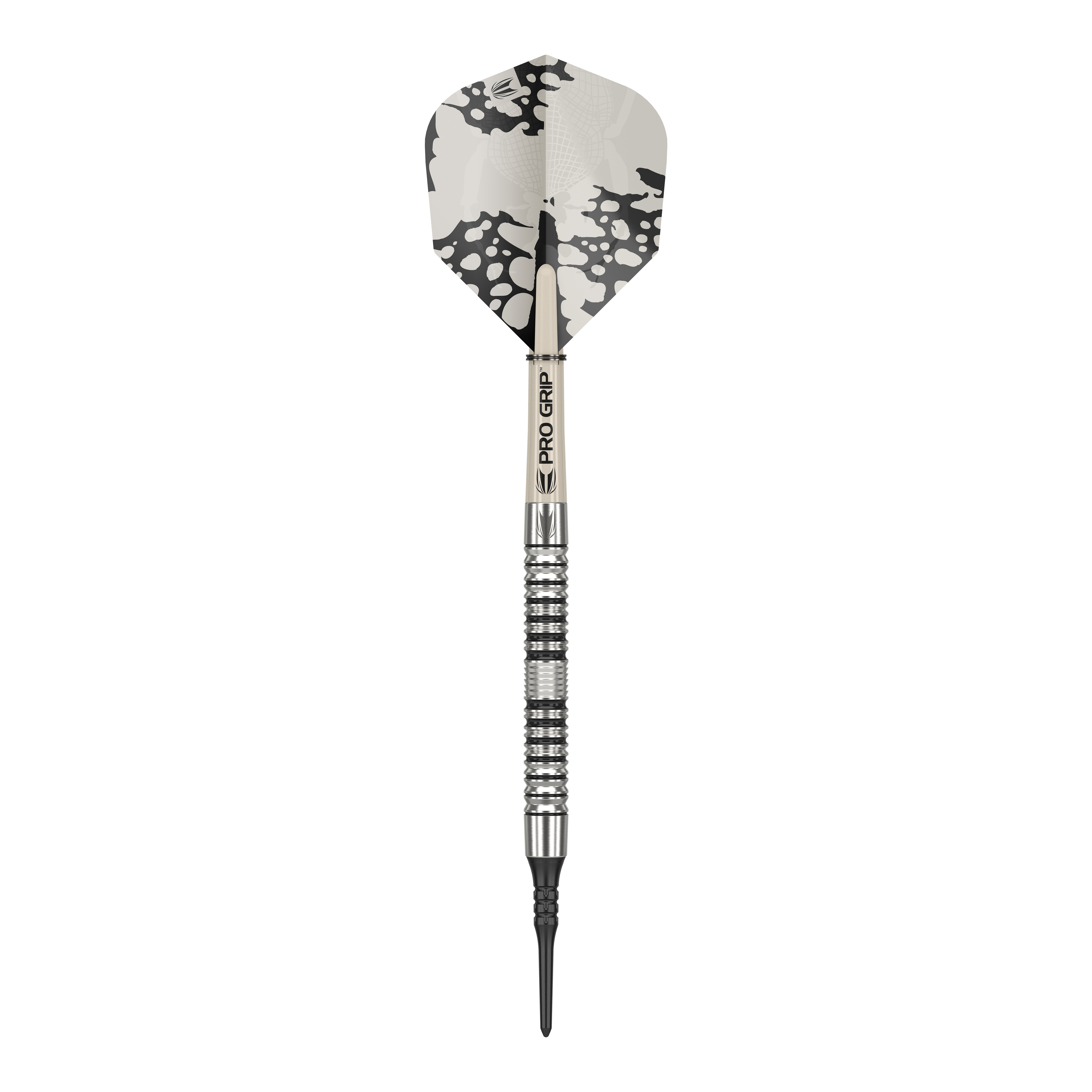 Target EXO 10 miękkich rzutek Das Bild zeigt einen Target EXO 10 Softdart. Der Dart hat ein silbernes und schwarzes Design mit einem gemusterten Flight.