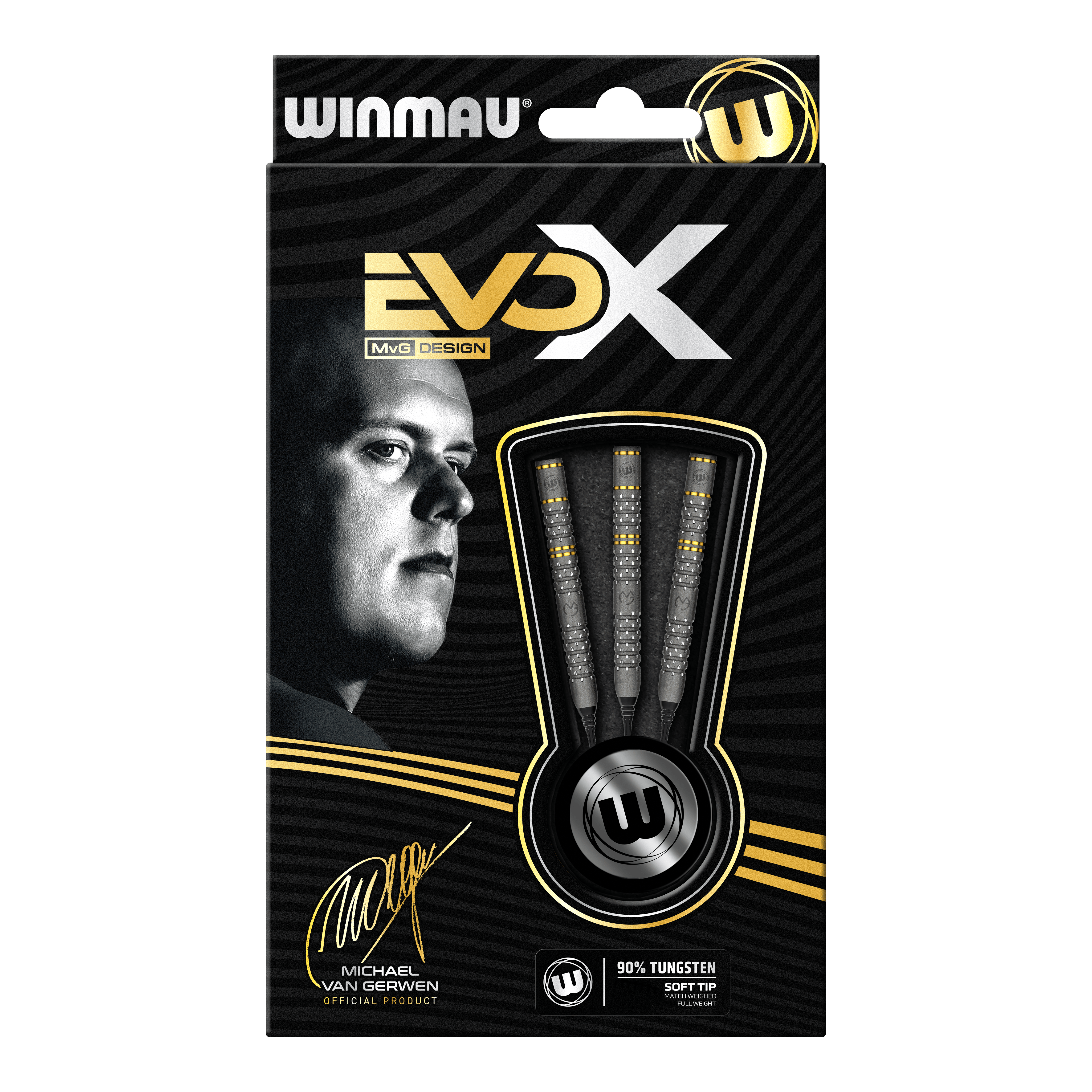 Miękkie rzutki Winmau Michael Van Gerwen Evo-X - 20g Die Abbildung zeigt die Verpackung der "Winmau Michael Van Gerwen Evo-X Softdarts - 20g". Auf der Vorderseite sind drei Softdarts sowie ein Porträt von Michael Van Gerwen zu sehen.