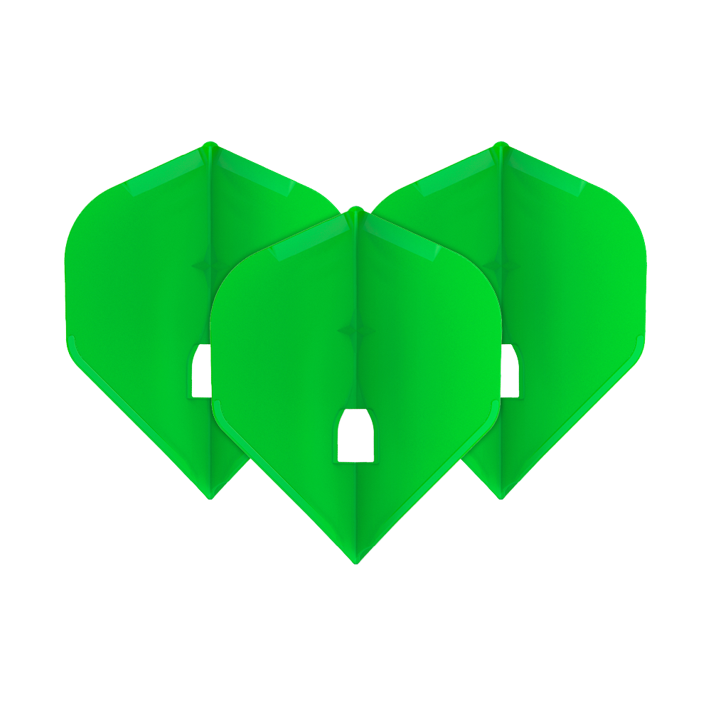 L-Style Champagne L1PRO Flights Auf dem Bild sind drei grüne Dartflights zu sehen, die nebeneinander angeordnet sind. Sie haben eine klassische, symmetrische Form und sind leuchtend grün.
