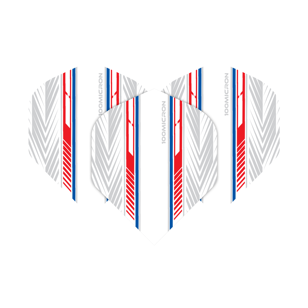 Loty pięcioboju biało-czerwono-niebieskie Das Bild zeigt die "Pentathlon White Red Blue No2 Standard Flights". Die Flights sind überwiegend weiß mit roten, blauen und grauen Linienmustern.