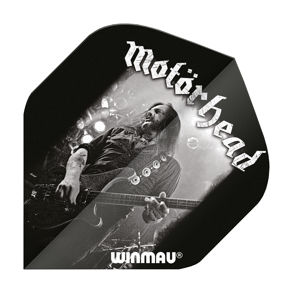 6905-209_Winmau_Rockstar_Legends_Mot-rhead_Lemmy_Standard_Flights_1iBRj8r7LtM5sa Das Bild zeigt ein schwarzes Dartflight mit dem Motiv von Lemmy von Motörhead. Oben steht "Motörhead" und unten ist das Winmau-Logo zu sehen.