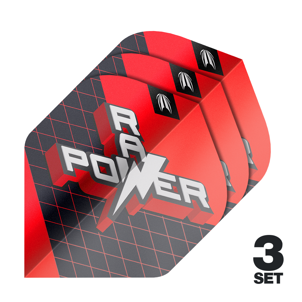 Das Bild zeigt drei Sets der Target Pro Ultra Phil Taylor Power 9Five GEN11 No2 Standard Flights. Die Flights sind rot-schwarz gestaltet und tragen den Schriftzug "POWER".