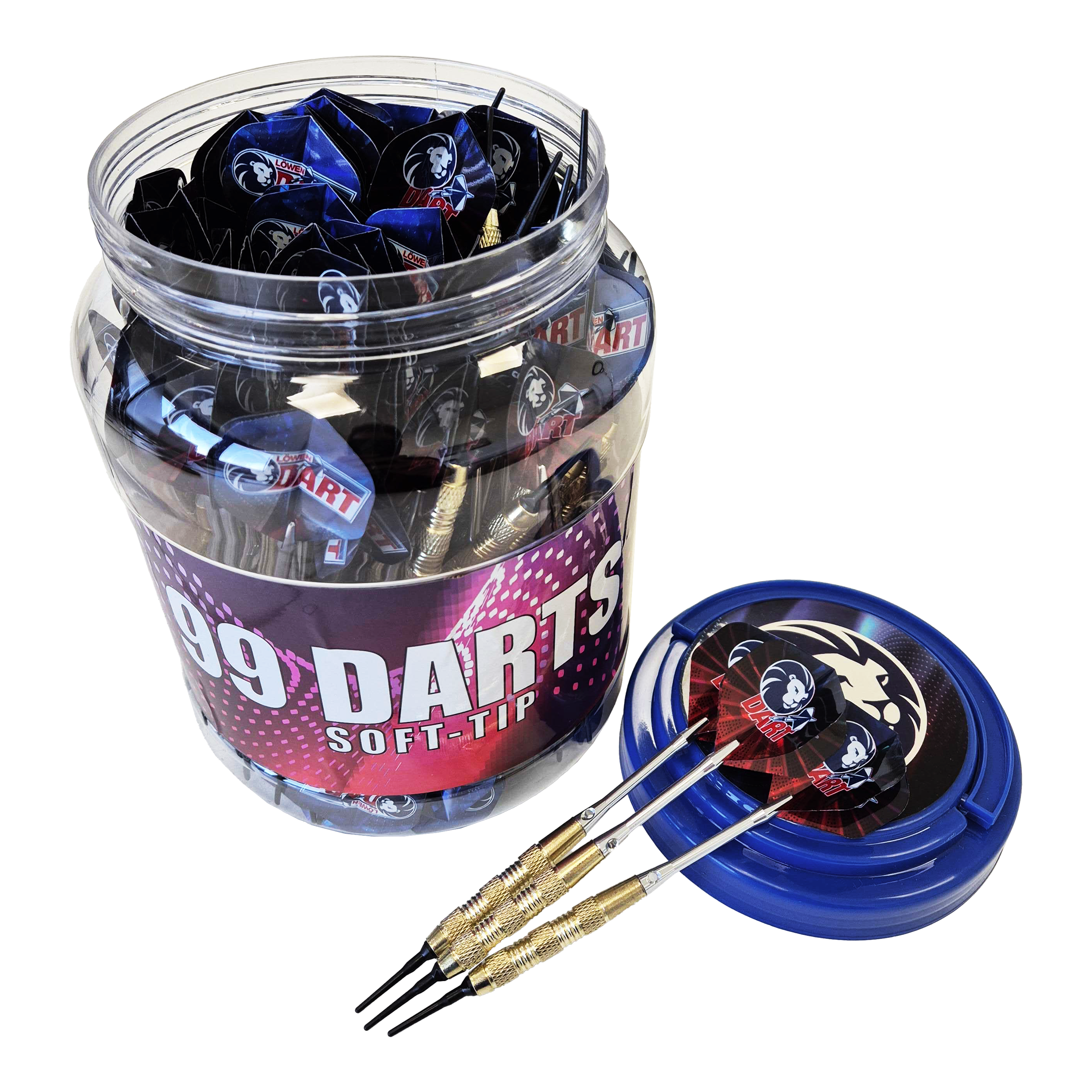 99 rzutek Löwen z miękką końcówką - 18g Das Bild zeigt eine große Dose mit der Aufschrift „99 DARTS SOFT-TIP“, die viele Soft-Tip-Darts enthält. Drei der 18g Darts liegen auf dem blauen Deckel neben der Dose.