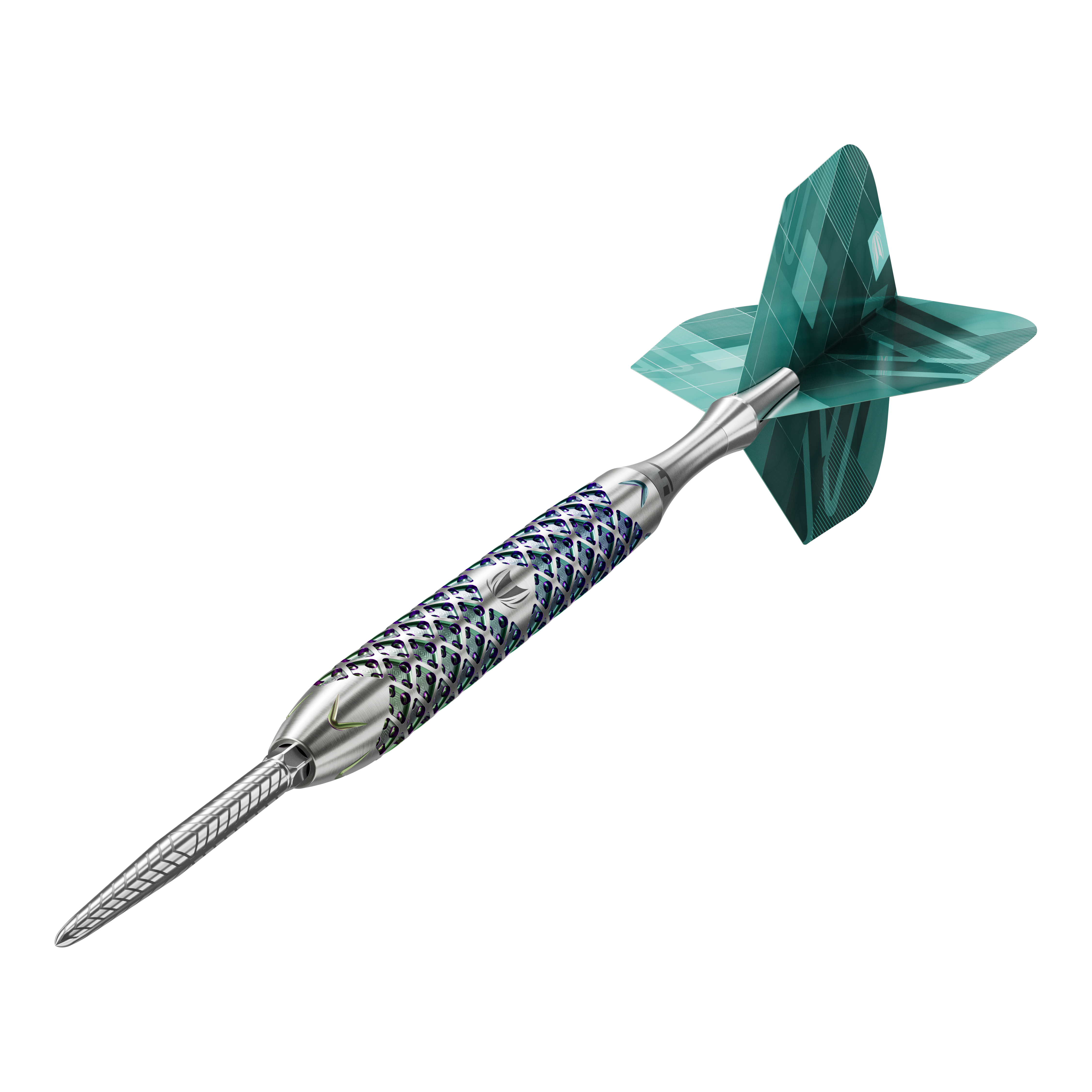 Stalowe lotki Target Rove 01 Swiss Point Das Bild zeigt einen Target Rove 01 Swiss Point Steeldart mit silbernem Schaft und blau-grünen Akzenten. Am hinteren Ende befindet sich eine grün gemusterte Dartflügel.