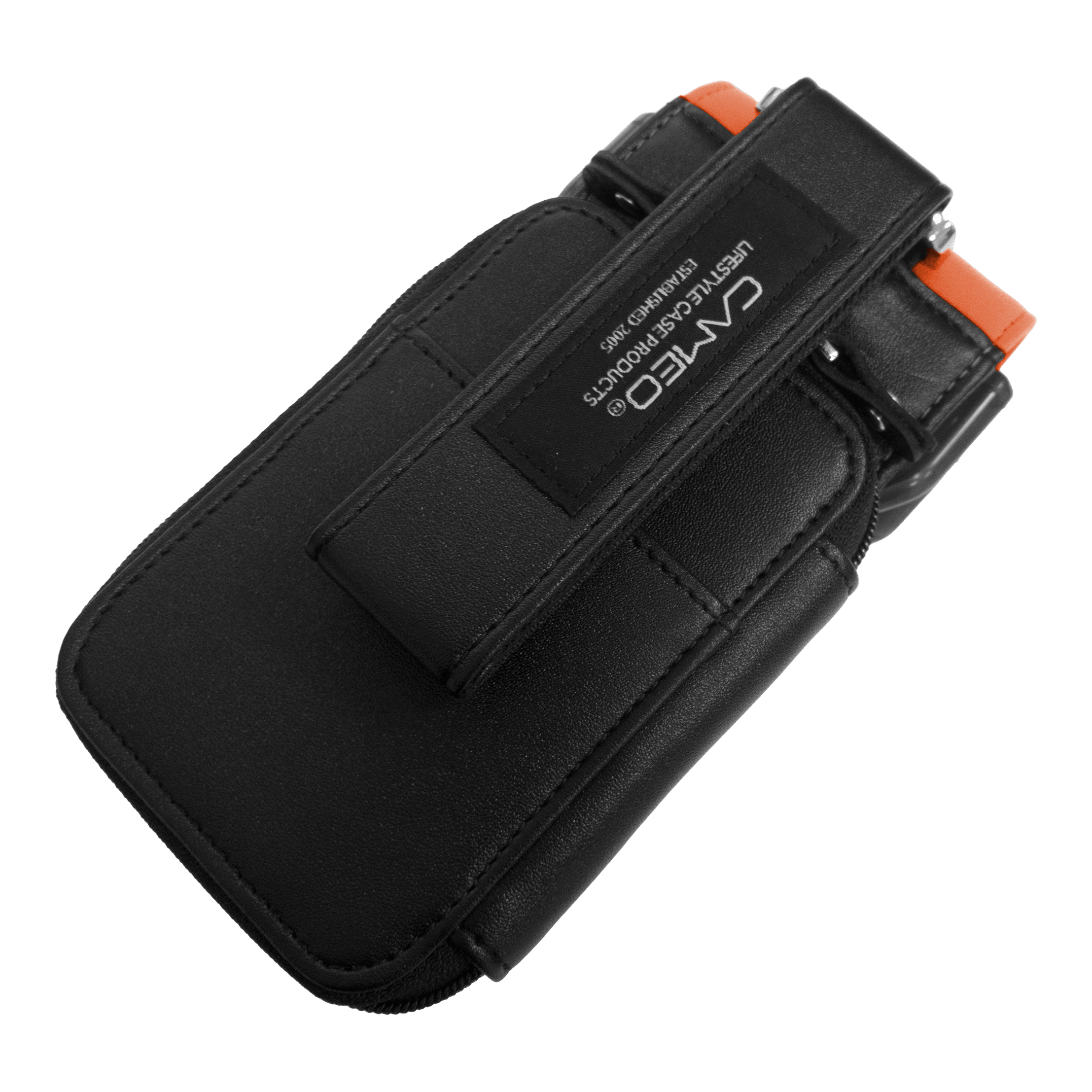 Etui na rzutki Cameo Garment 2.5 Dies ist ein schwarzes Dart-Etui mit orangefarbenen Akzenten. Auf der Vorderseite befindet sich ein Aufnäher mit dem Markennamen "CAMEO".