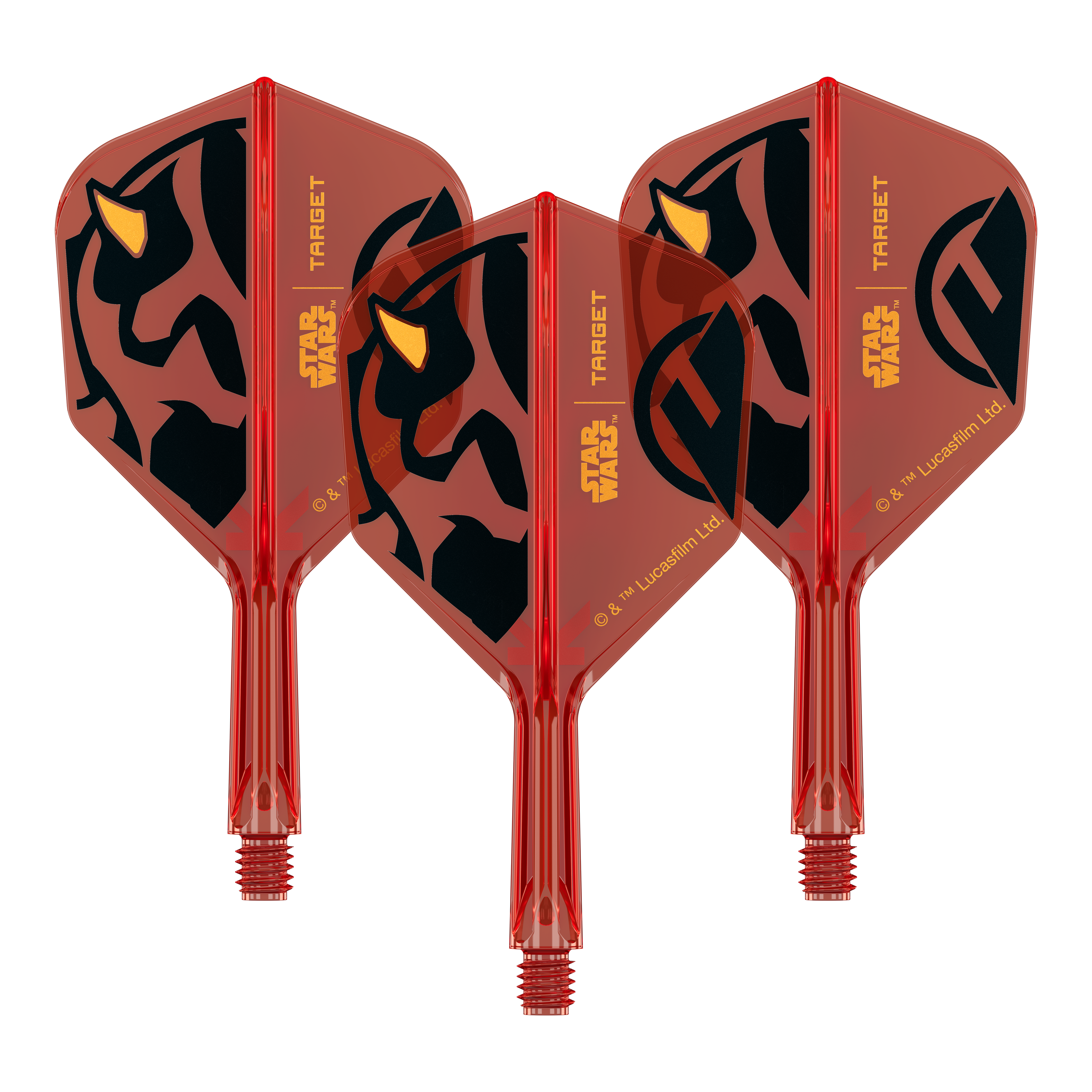 Ein Set von Dartflights mit Star Wars Motiv, wie im Dateinamen '410520_Target_StarWars_KFlex_DarthMaul_No6_Flights_Short_19mm_1Set' angegeben. Das Bild zeigt mehrere Flights im Darth Maul Design.