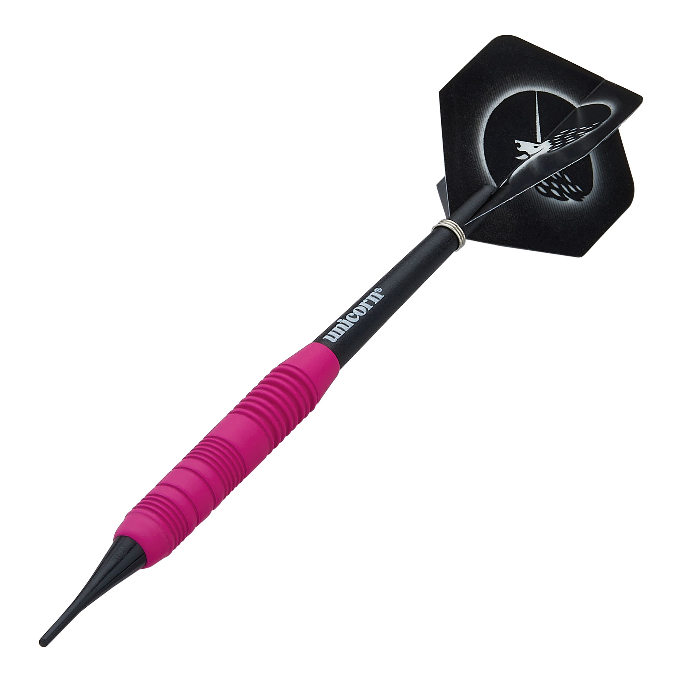 Unicorn Core Plus Gumowane Różowe Miękkie Lotki - 19g Das Bild zeigt einen pinken, gummierten Softdart namens "Unicorn Core Plus" mit einem Gewicht von 19g. Der Dartpfeil hat einen schwarzen Schaft und Flights mit einem Einhorn-Design.