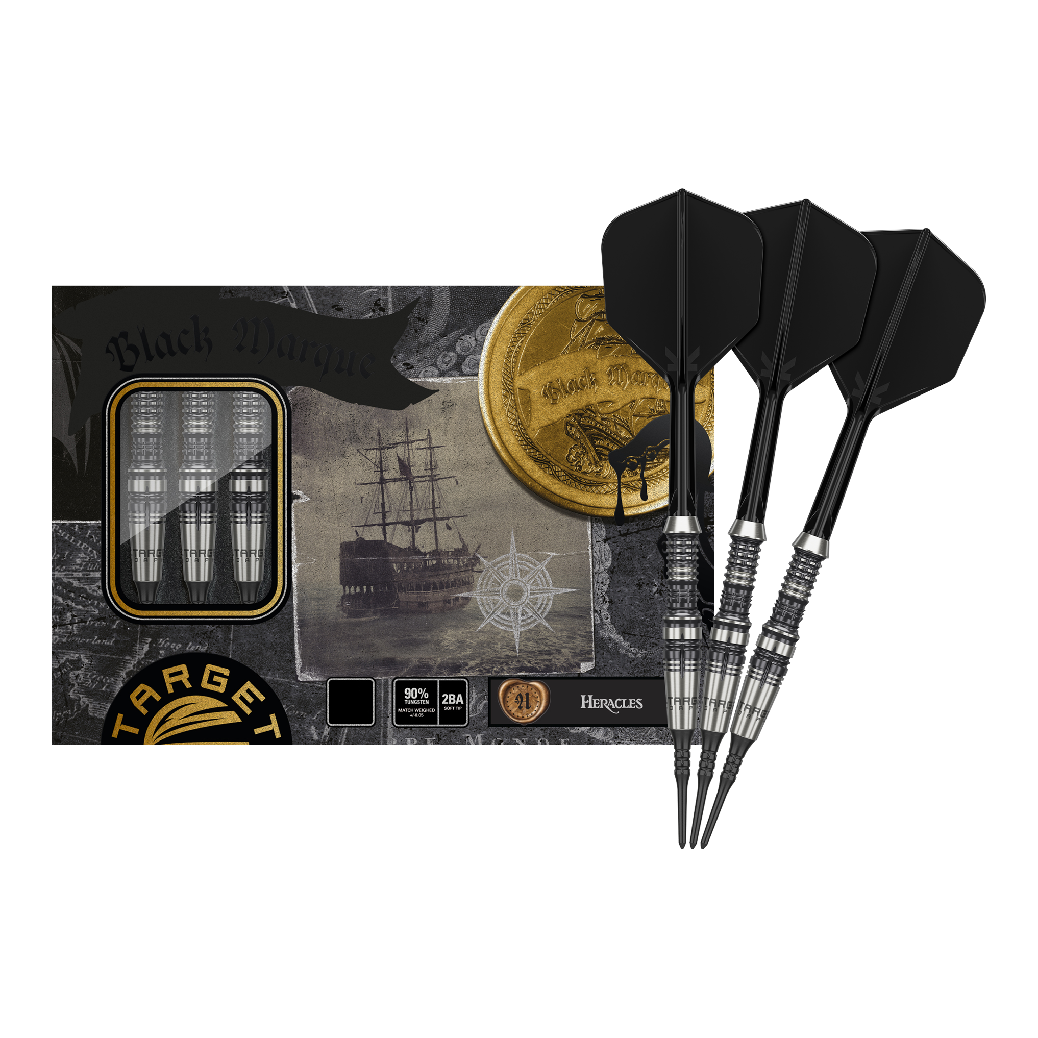 Das Bild zeigt das Produkt "Target Japan Black Marque Heracles Softdarts - 18g" mit drei schwarzen Softdarts. Die Verpackung ist mit maritimen Motiven und goldenen Details gestaltet.