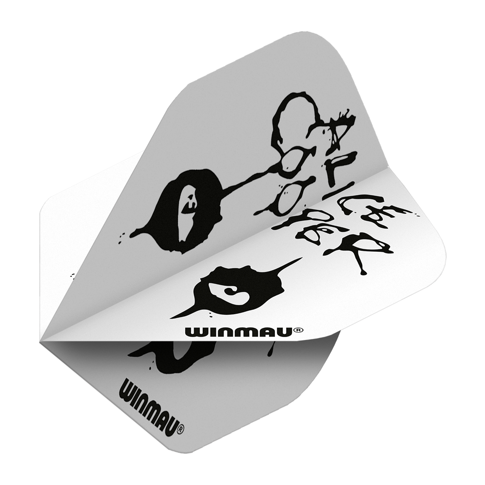 Das Bild zeigt das Produkt "Winmau Rockstar Legends Alice Cooper Eyes Standard Flights". Die Flights sind weiß mit einem schwarzen, künstlerischen Design und dem Schriftzug "Alice Cooper".