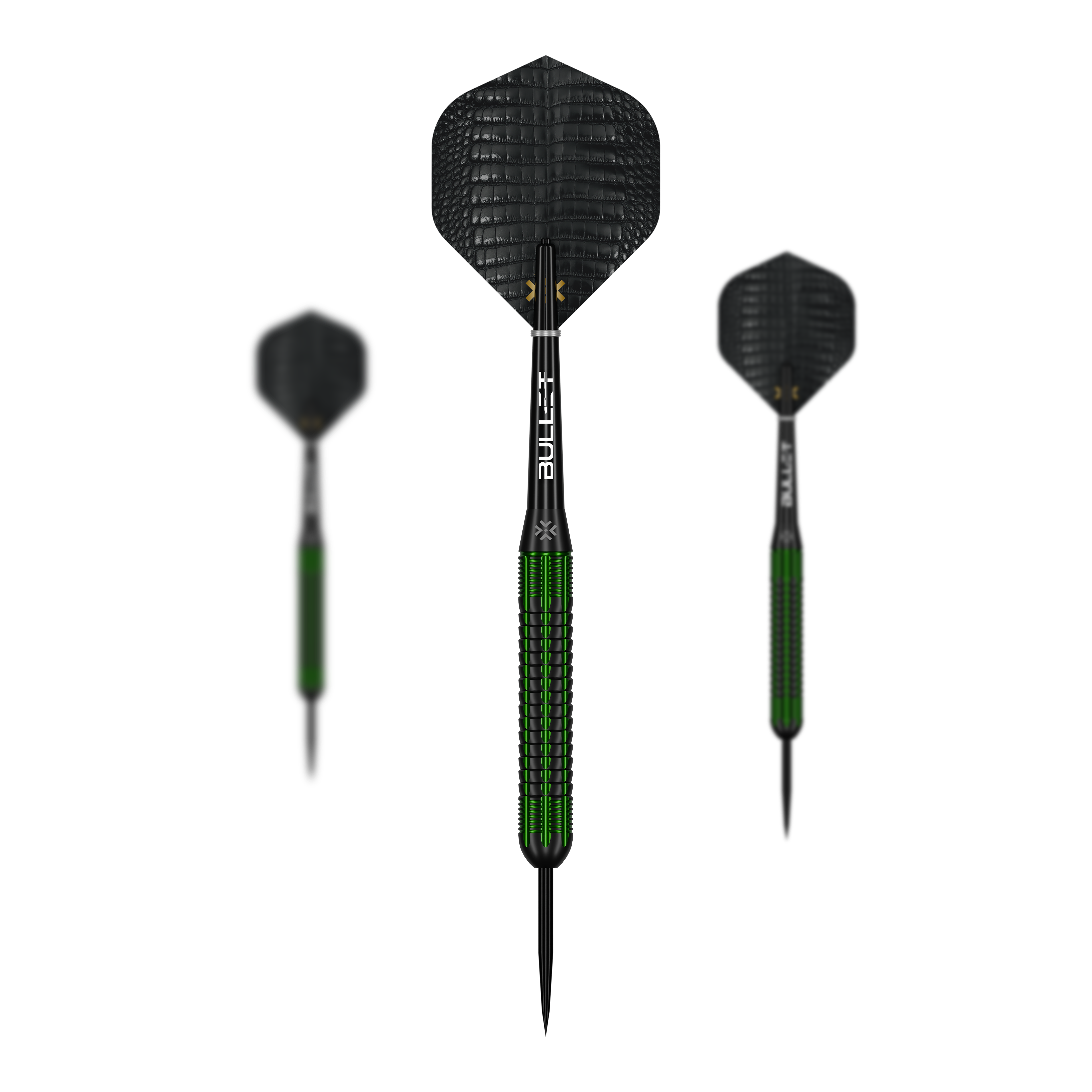 Lotki Bullet Gator Brass Steel Darts - 22g Auf dem Bild ist ein Set der Bullet Gator Brass Steeldarts - 22g zu sehen. Das Set enthält mehrere Darts mit je 22 Gramm Gewicht.