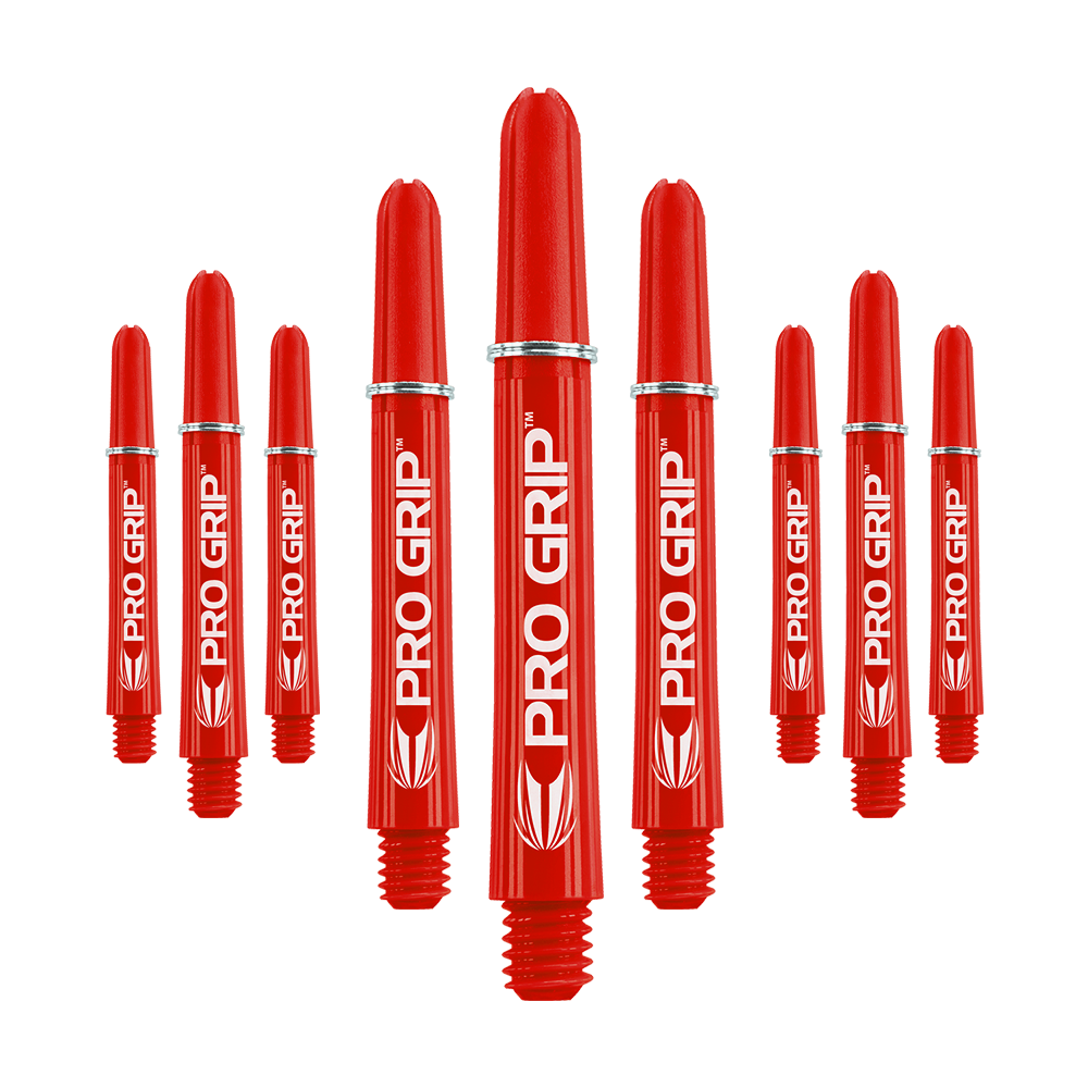 Wałki Target Pro Grip - 3 zestawy - czerwone Das Bild zeigt mehrere rote Dartschäfte mit der Aufschrift "PRO GRIP". Die Schäfte sind in einer symmetrischen Anordnung dargestellt und heben sich deutlich vom Hintergrund ab.