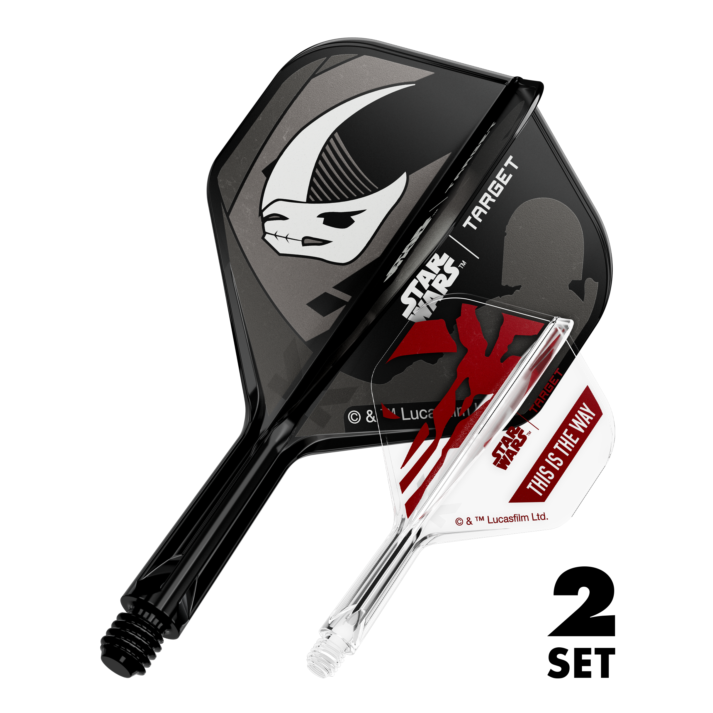 Zestaw Target Star Wars K-Flex Mandalorian No2 Standard Flights Zu sehen sind zwei Dart-Flights im Mandalorianer-Design aus Star Wars. Dies ist das Set 'K-Flex Mandalorian 2PackSet No2 Standard Flights' mit 19mm.