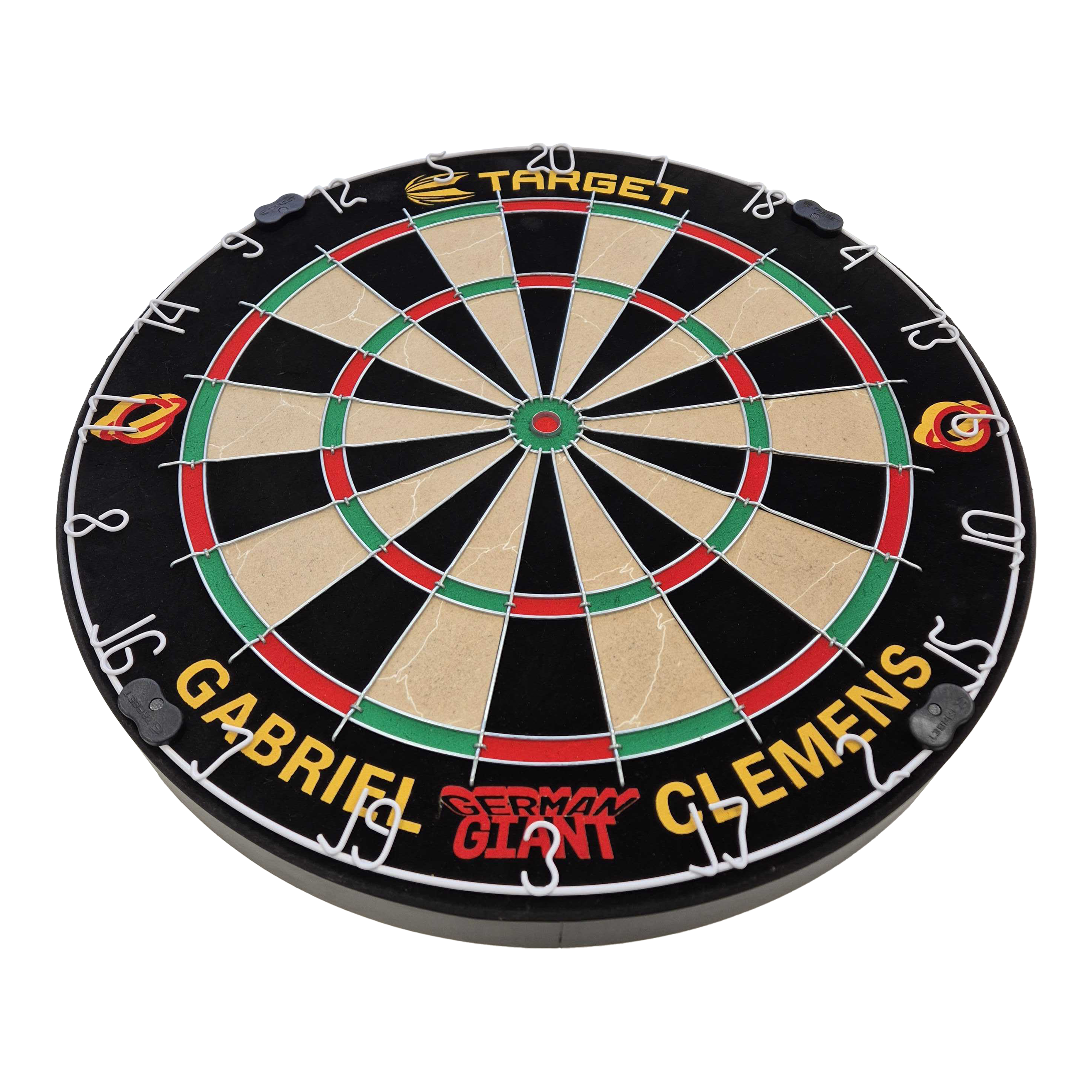 Zestaw tarcz do darta ze stali Target Gabriel Clemens Dies ist eine Steeldartboard-Set mit der Aufschrift „Gabriel Clemens“ und „German Giant“. Das Board ist von der Marke Target und hat die klassischen Farben und Markierungen eines Dartboards.