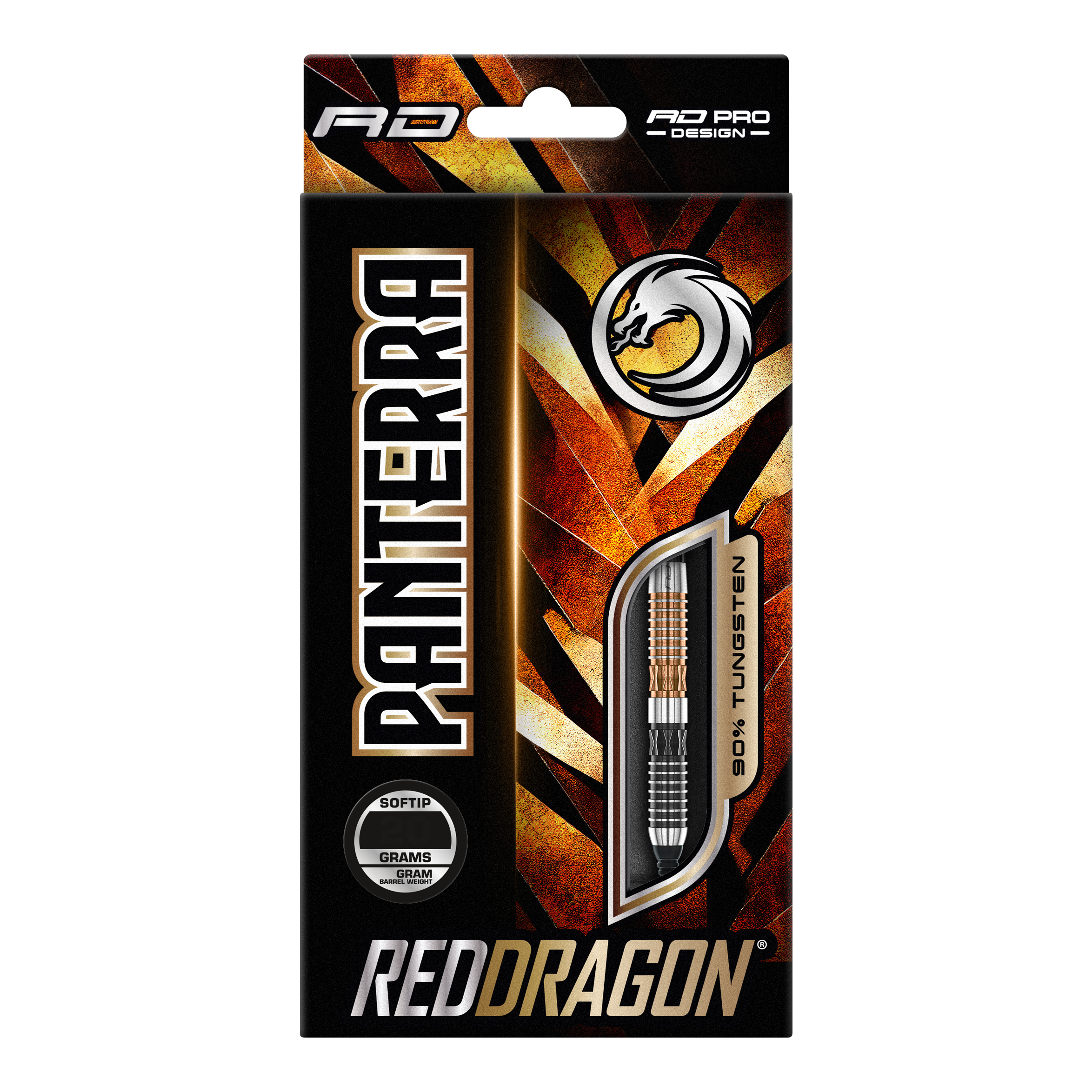 Miękkie lotki Red Dragon Panterra - 20g Das Bild zeigt eine Verpackung der "Red Dragon Panterra Softdarts - 20g". Die Packung ist auffällig gestaltet und hebt den Schriftzug "Panterra" sowie das Red Dragon-Logo hervor.