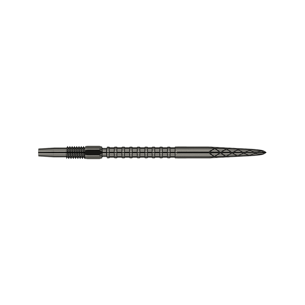 Das Bild zeigt eine schwarze Dartspitze mit geriffelten und eingekerbten Mustern. Die Spitze ist 35 mm lang und hat ein elegantes, technisches Design.