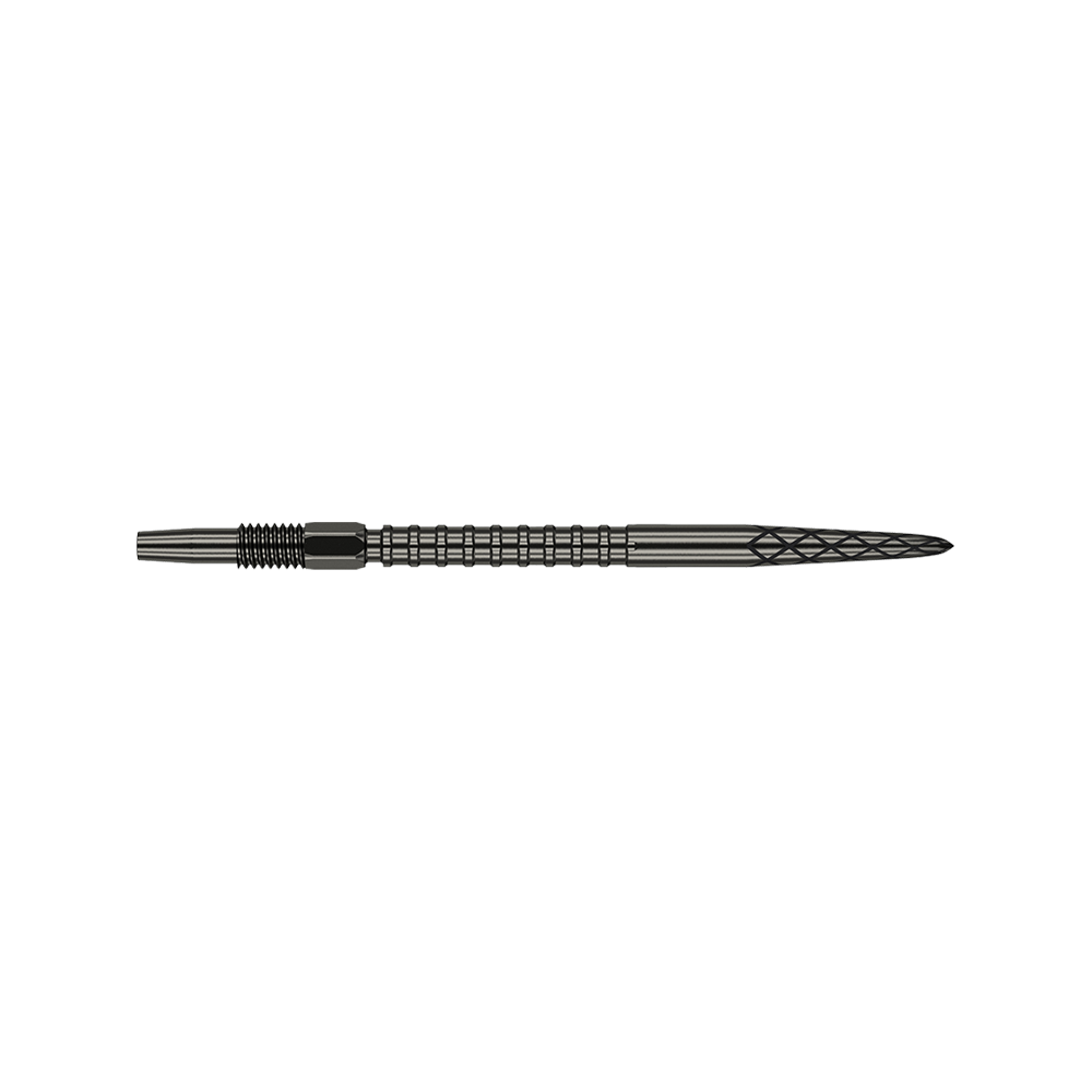 Target Swiss DS Surge Point Dart Tips - Black Das Bild zeigt eine schwarze Dartspitze mit geriffelten und eingekerbten Mustern. Die Spitze ist 35 mm lang und hat ein elegantes, technisches Design.