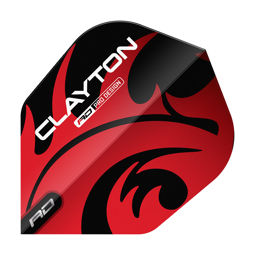 Czerwony Smok Jonny Clayton Red Black No6 Flights Das Bild zeigt ein Dartflight mit dem Namen "Red Dragon Jonny Clayton Red Black No6 Flights". Das Flight ist rot und schwarz gestaltet und trägt den Aufdruck "Clayton".