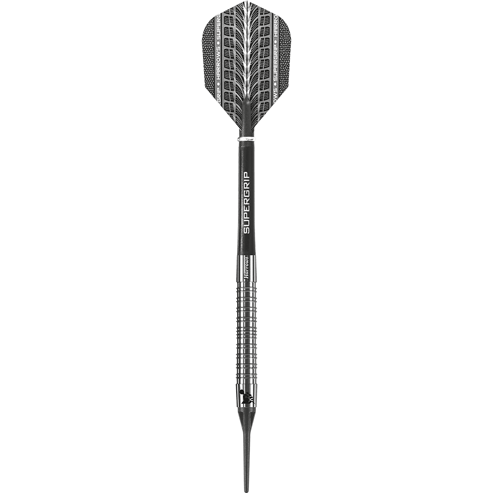 Das Bild zeigt einen Harrows Supergrip 90% Softdart. Der Dart ist silberfarben mit schwarzen Akzenten und einer beschrifteten Flights.