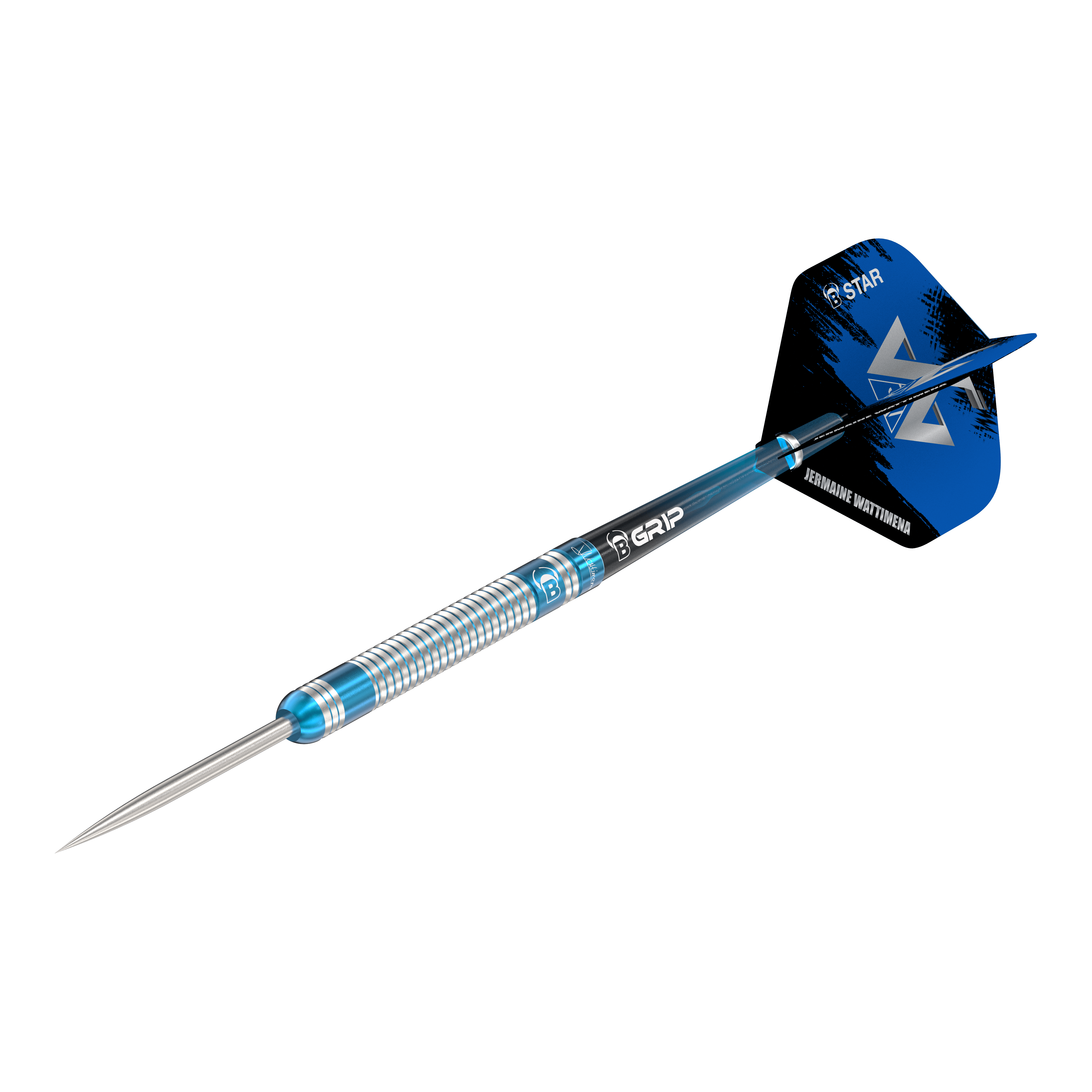 Bulls Jermaine Wattimena Generacja 3 stalowe lotki Das Bild zeigt einen Steeldartpfeil mit silber-blauer Riffelung am Barrel. Auf dem Flight steht „Jermaine Wattimena“ und er ist mit dem Produktnamen „Bulls Jermaine Wattimena Generation 3 Steeldarts“ versehen.