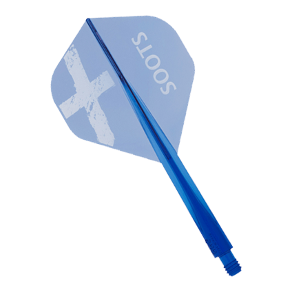 Condor AXE Soots Flight-System - Standard Das Bild zeigt das Produkt "Condor AXE Soots Flight-System - Standard". Es handelt sich um einen blauen Dart-Flight mit der Aufschrift "SOOTS" und einem weißen X.