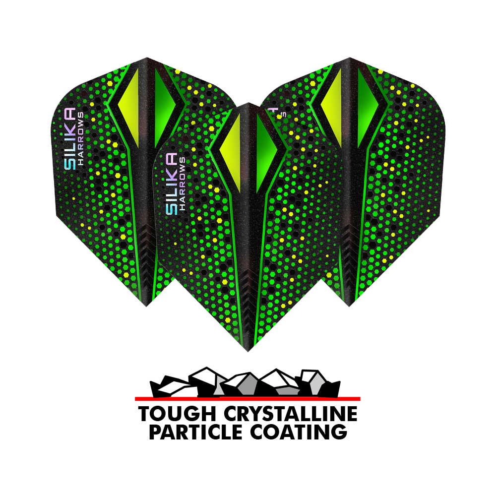 Harrows Silika Colorshift Twarda powłoka krystaliczna Green-X No6 Loty Das Bild zeigt drei grüne Harrows Silika Colourshift Tough Crystalline Coating No6 Flights für Darts. Unten befindet sich ein Logo mit der Aufschrift „Tough Crystalline Particle Coating“.