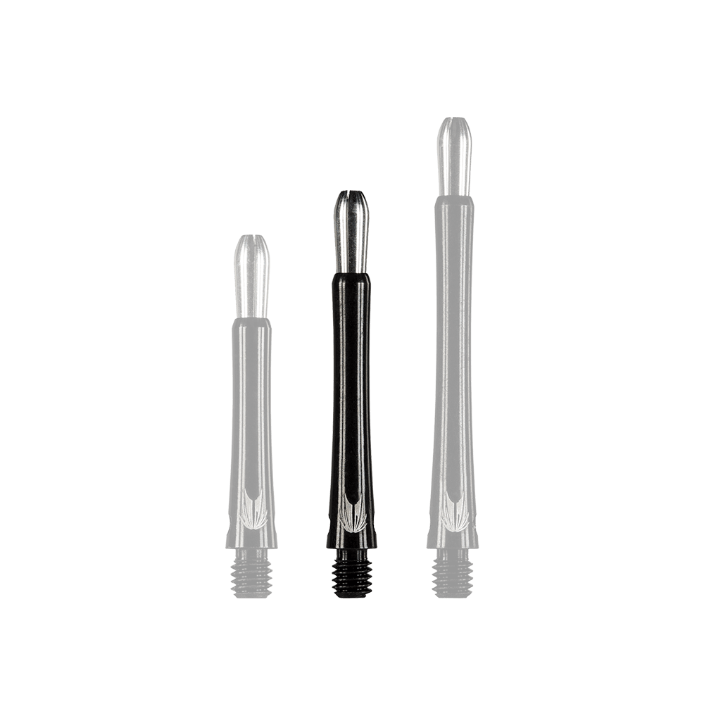 146220_Target_Grip_Style_Aluminium_Shafts_Schwarz_408mm_1lIdzTTY7N9wws Auf dem Bild sind drei unterschiedlich lange schwarze Aluminiumschäfte für Darts zu sehen. Sie stehen nebeneinander aufrecht auf einem neutralen Hintergrund.
