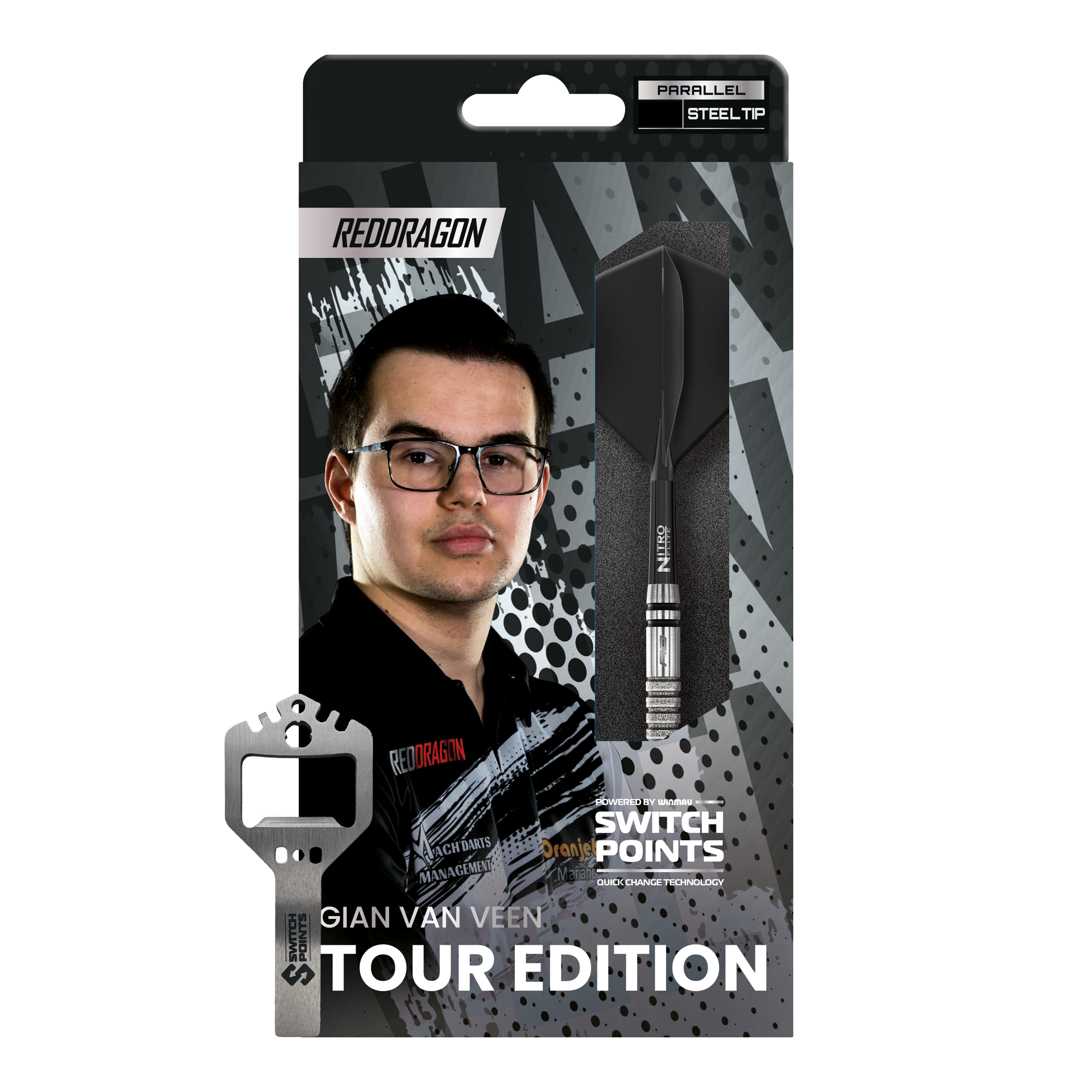 Red Dragon Gian Van Veen Tour Edition Switch Point Steeldarts - 21g Das Bild zeigt die Red Dragon Gian Van Veen Tour Edition Switch Point Steeldarts - 21g. Die Darts haben ein modernes und robustes Design.