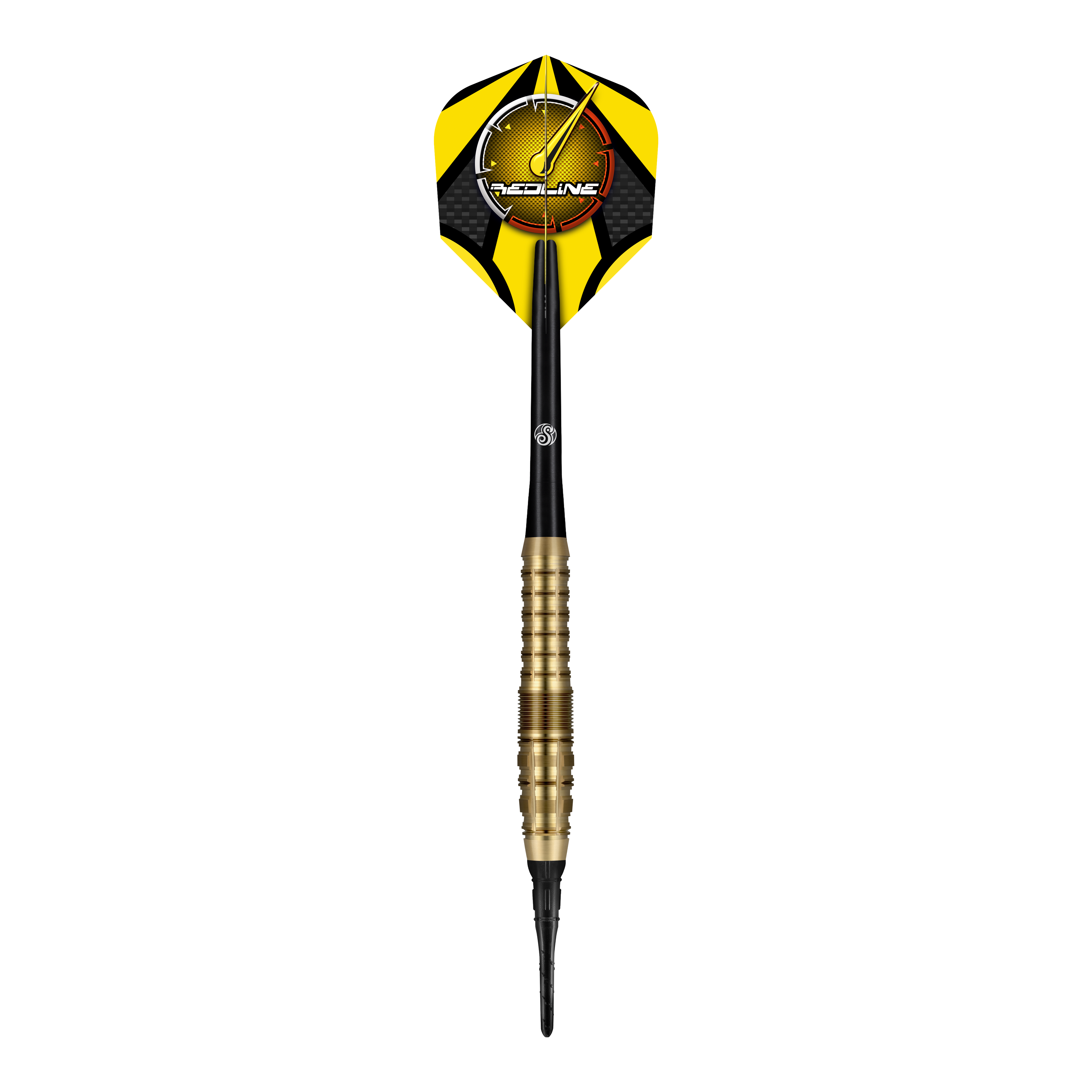 Shoty Redline Gizmo Soft Darts - 20g Der "Shot Redline Gizmo Softdart - 20g" ist ein Softdartpfeil mit gelben und schwarzen Flights. Der Dart hat einen goldfarbenen Griff und eine schwarze Spitze.