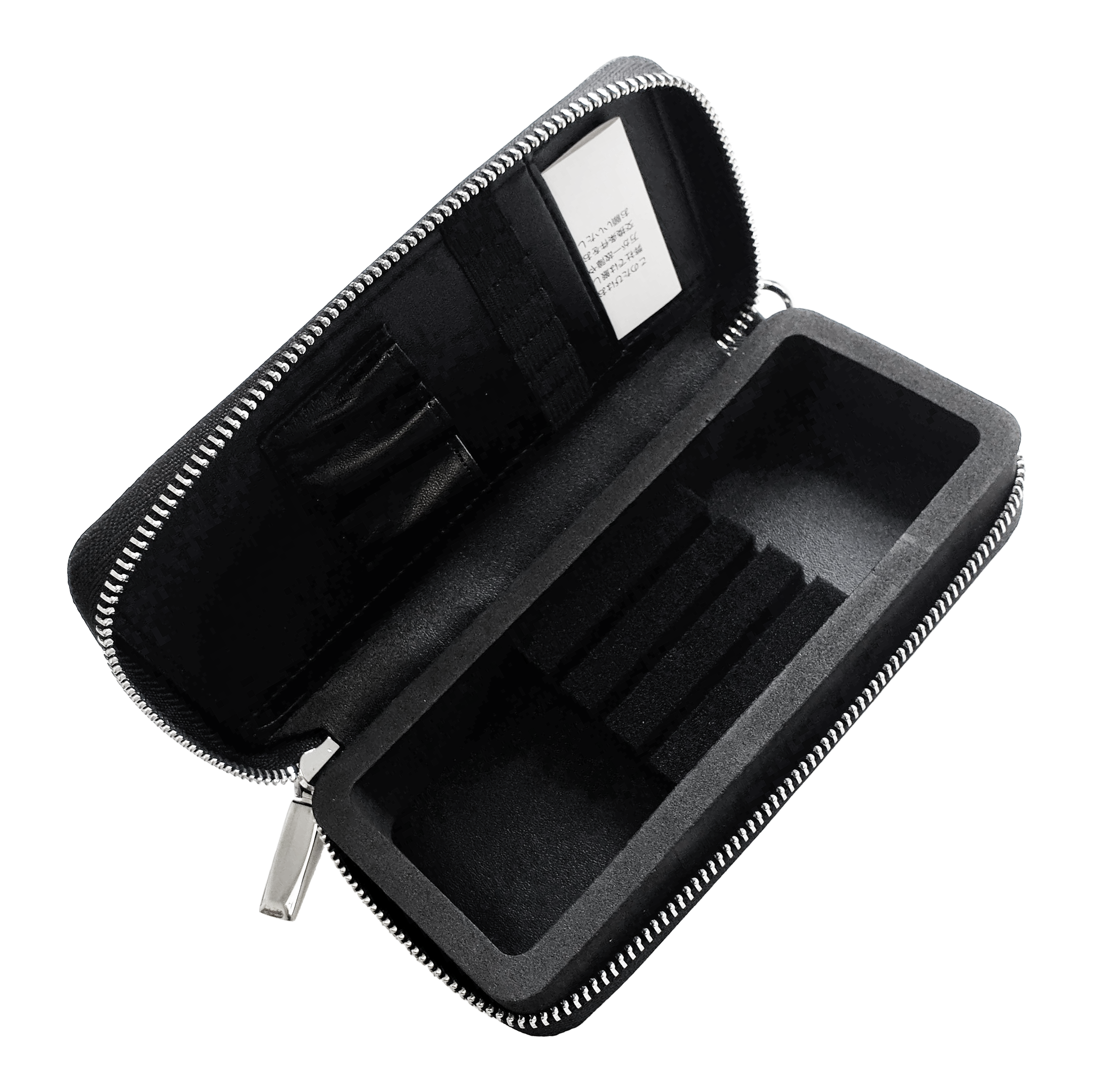 Przypadek biznesowy Cameo Pro3 Das Bild zeigt ein schwarzes Etui mit Reißverschluss, das im Inneren Fächer für Karten und andere kleine Gegenstände hat. Der Innenraum ist mit Schaumstoff ausgekleidet und für eine geordnete Aufbewahrung unterteilt.