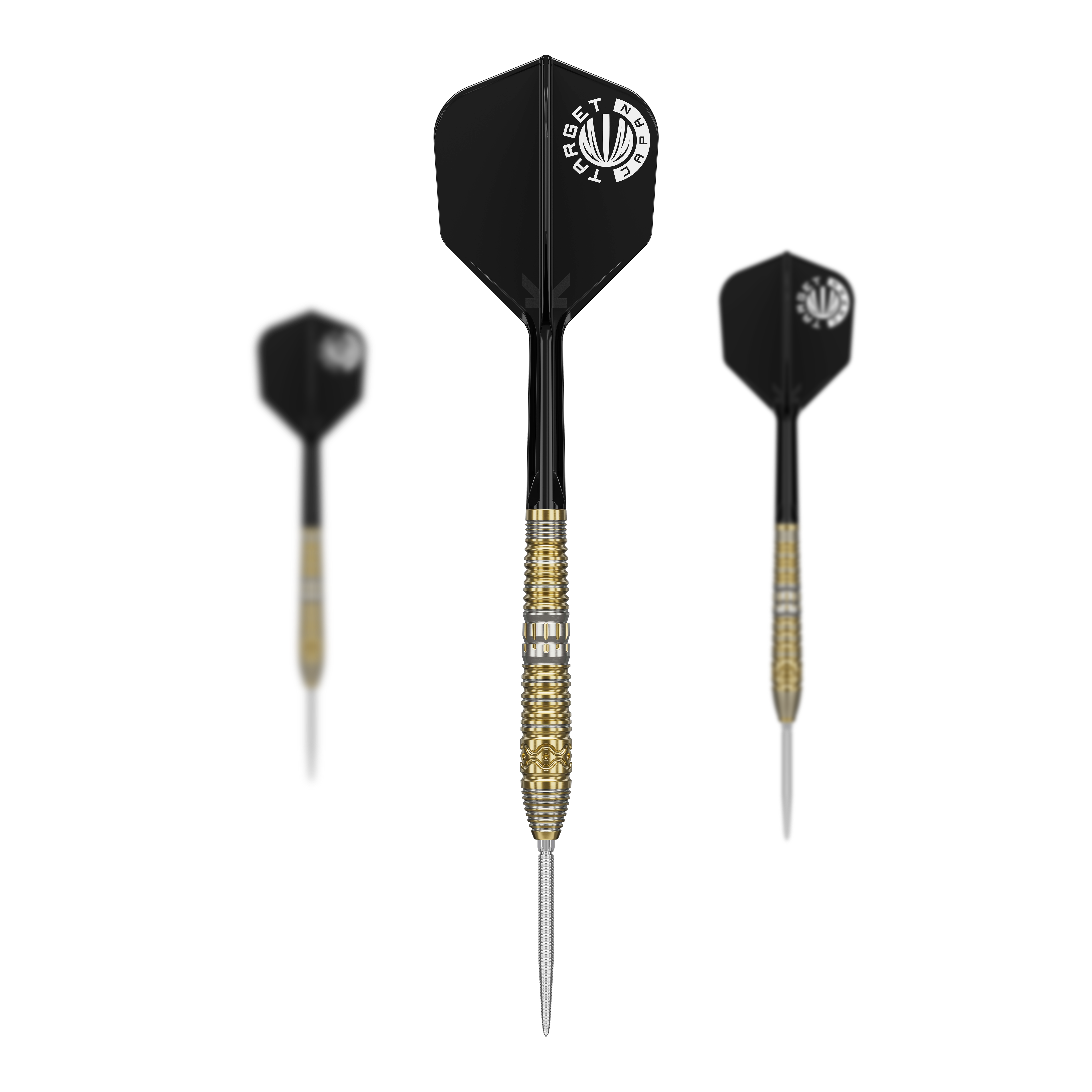 Stalowe lotki Target Japan Hot Shot GEN2 - 23 g Das Bild zeigt drei Target Japan Hot Shot GEN2 Steeldarts mit einem Gewicht von 23g. Die Darts haben schwarze Flights und gold-silberne Griffbereiche.