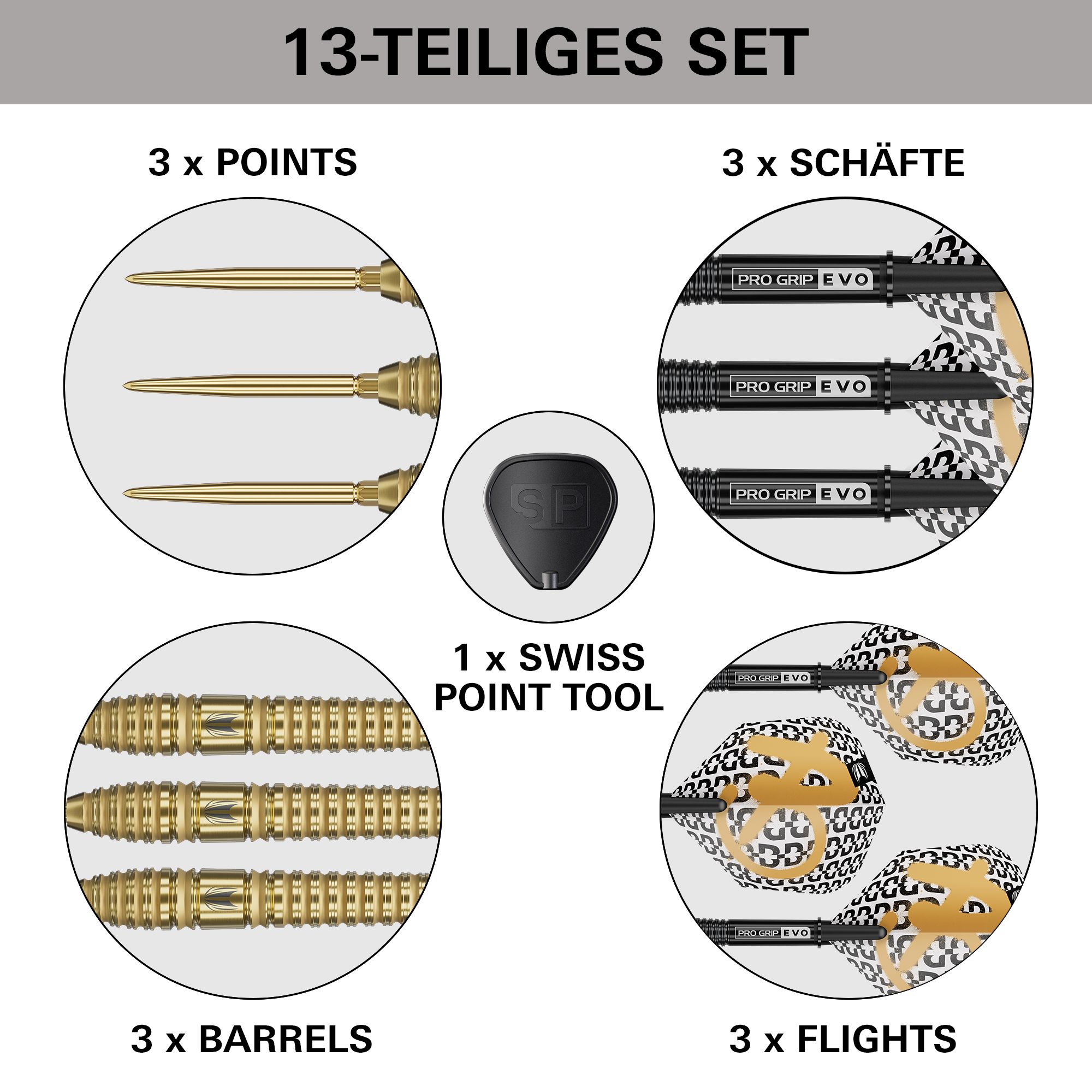 Stalowe lotki Target Bolide Envy 03 Swiss Point Target Bolide Envy 03 Swiss Point Steeldarts, abgebildet auf dem Produktbild. Es handelt sich um Steeldarts mit Swiss Point System.