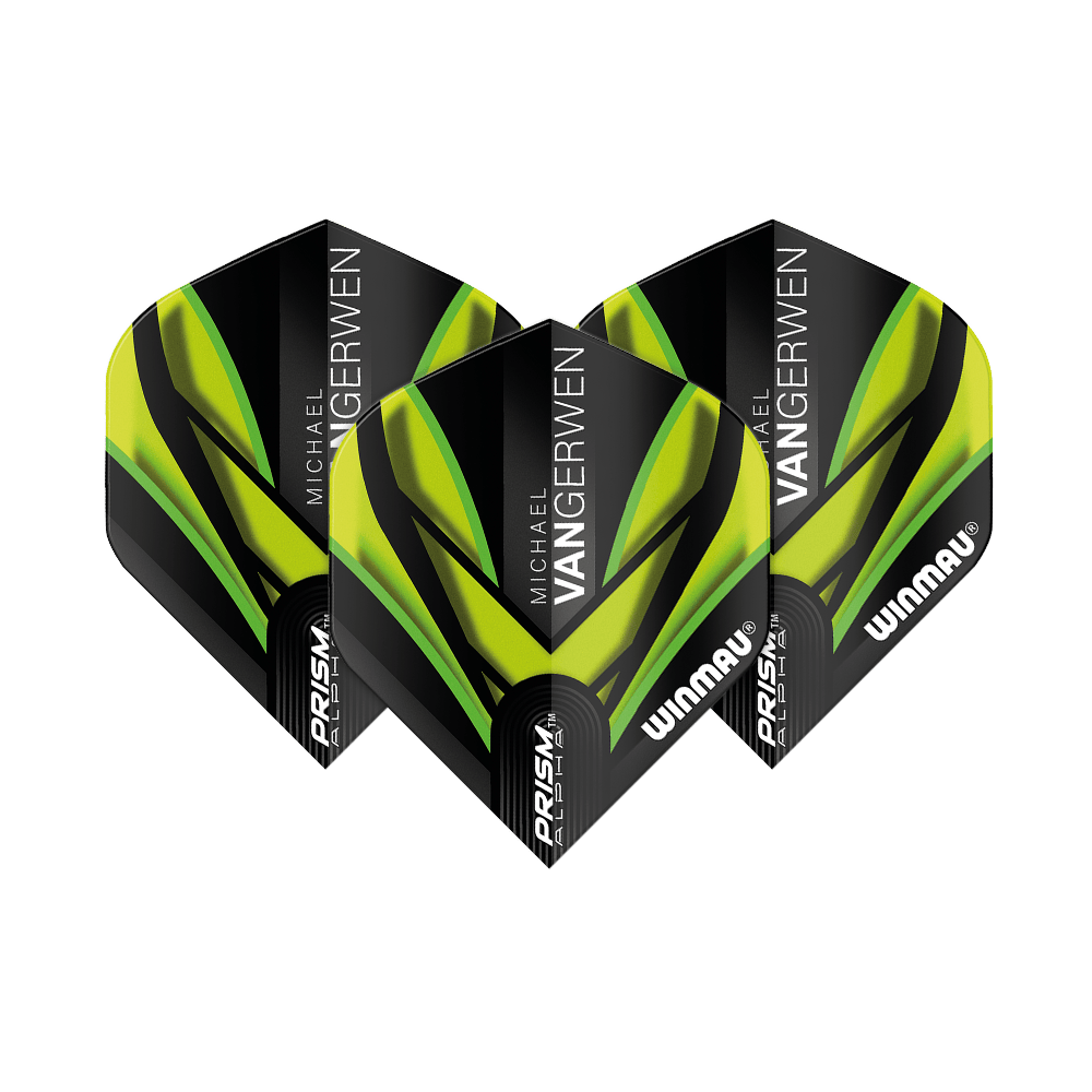 6915-145_Winmau_Prism_Alpha_MvG_Black_Green_V2_Standard_Flights_1L0YLPsbolBsWU Winmau Prism Alpha MvG Black Green V2 Standard Flights mit modernem Linienmuster. Die Flights sind nebeneinander angeordnet.