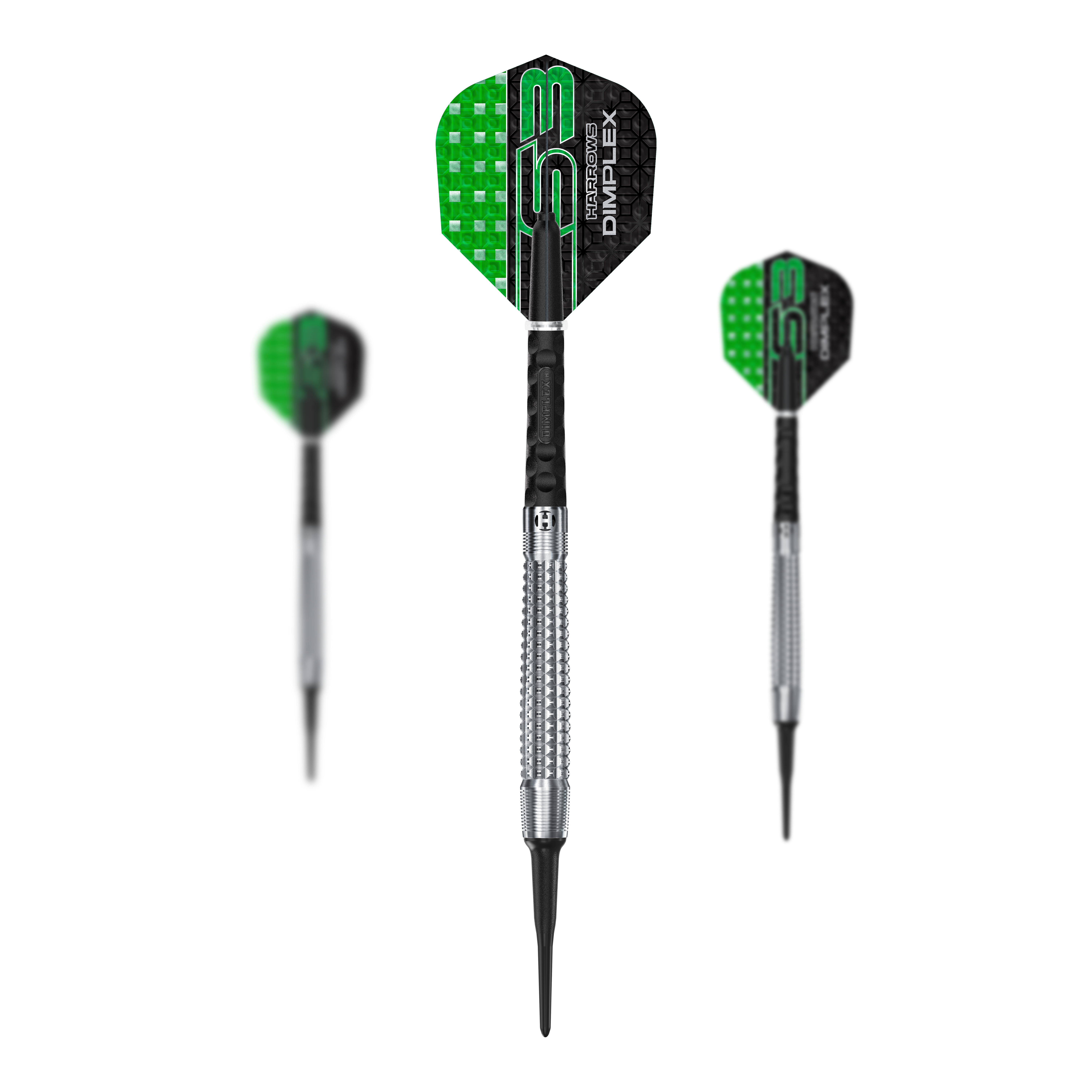 Harrows Dimplex S3 Tapered Soft Darts Das Bild zeigt drei Softdarts mit silbernen Spitzen und grün-schwarzen Flights. Auf den Flights steht der Produktname "Harrows Dimplex S3".