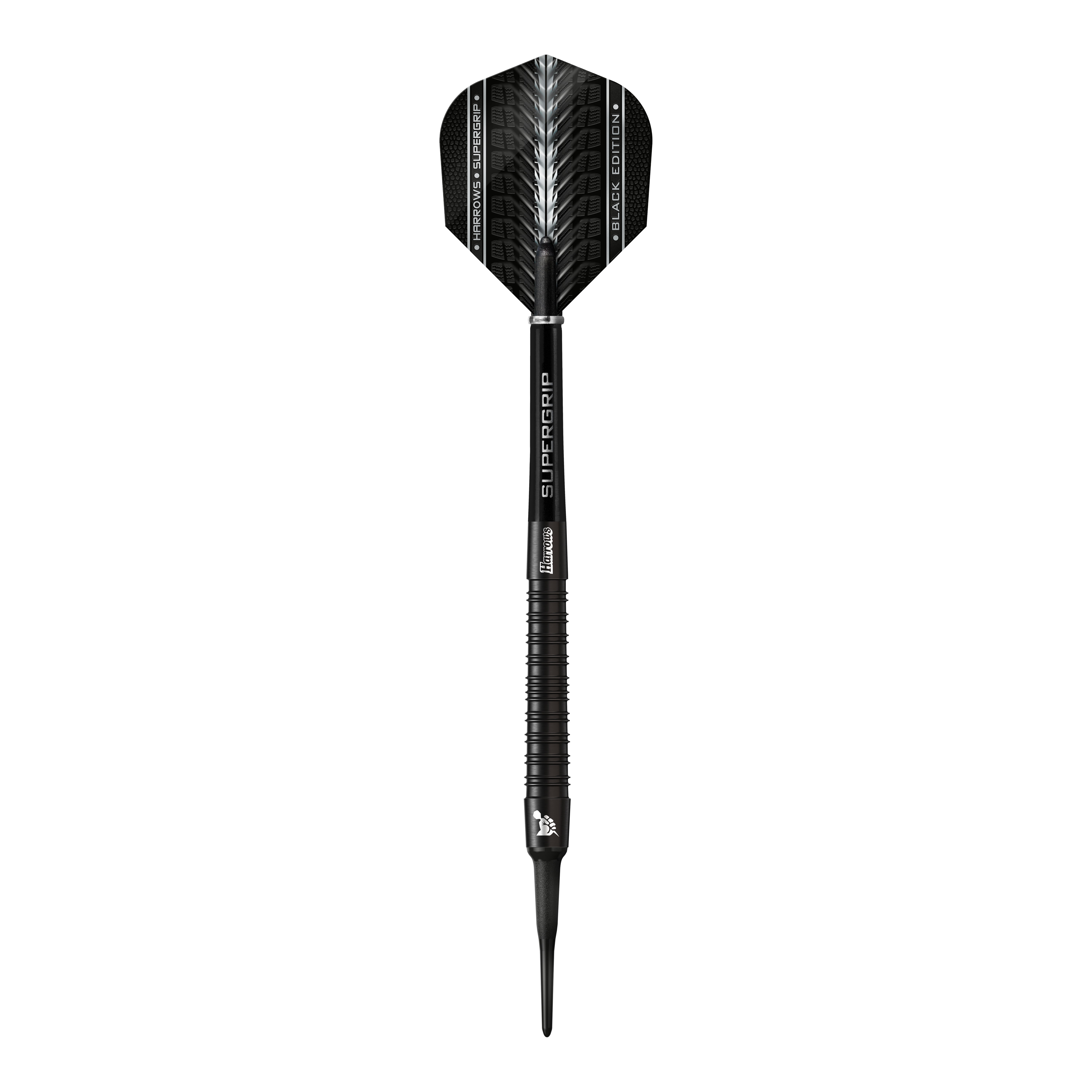 Miękkie lotki Harrows Supergrip Black Edition Das Bild zeigt einen Harrows Supergrip Black-Edition Softdart. Der Dart ist komplett in Schwarz gehalten und hat ein modernes, elegantes Design.