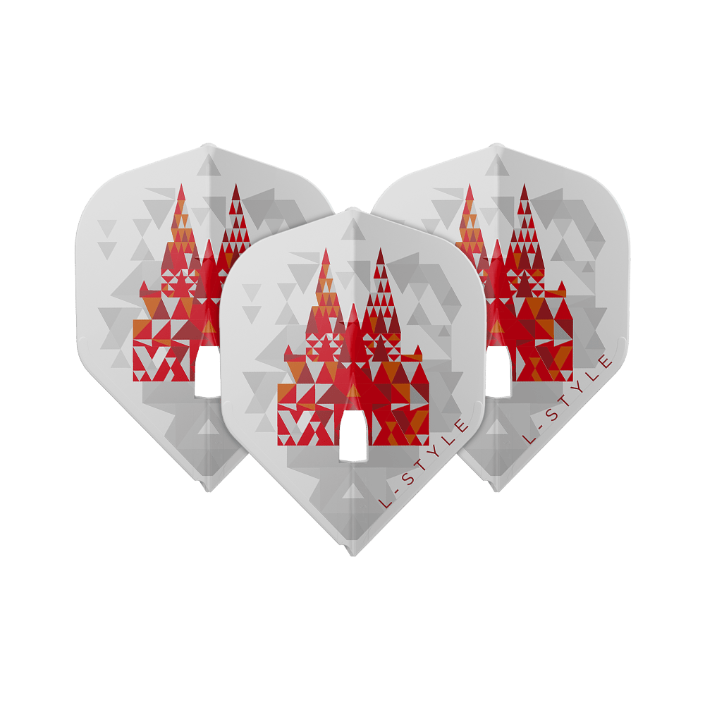 Loty w stylu L Florian Hempel Signature V2 L1PRO w kolorze białym L-Style Florian Hempel Signature V2 L1PRO White Flights auf weißem Hintergrund. Die Flights sind speziell für Darts konzipiert.