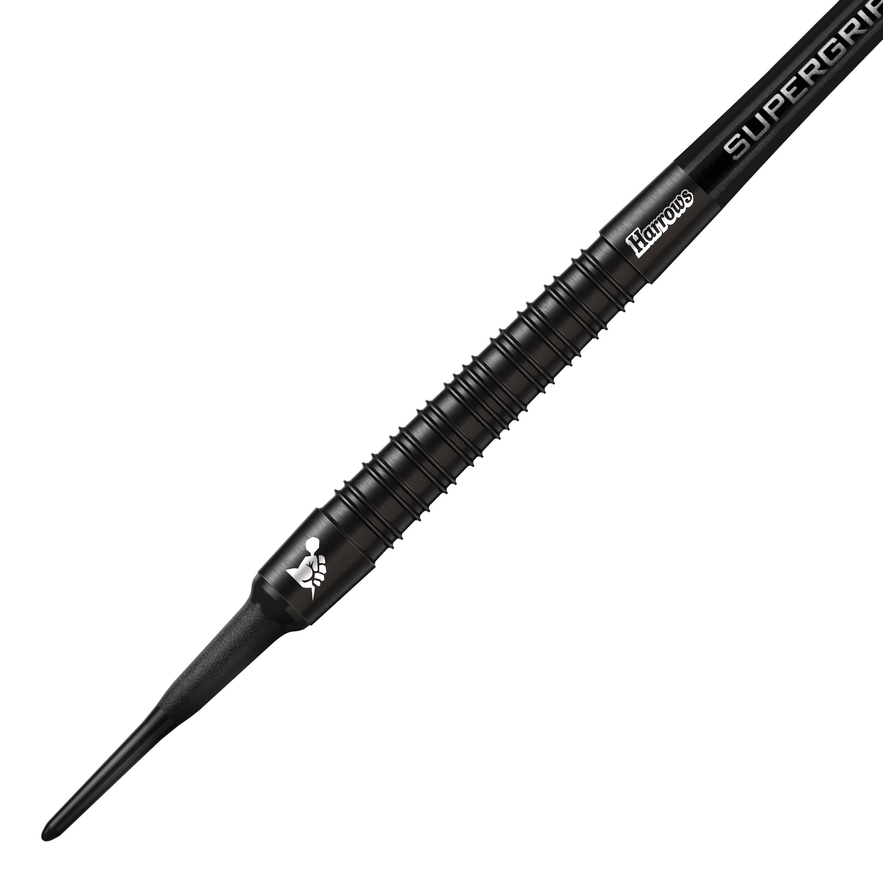 Miękkie lotki Harrows Supergrip Black Edition Das Bild zeigt einen Harrows Supergrip Black-Edition Softdart. Der Dart ist komplett schwarz und hat eine strukturierte Griffoberfläche.