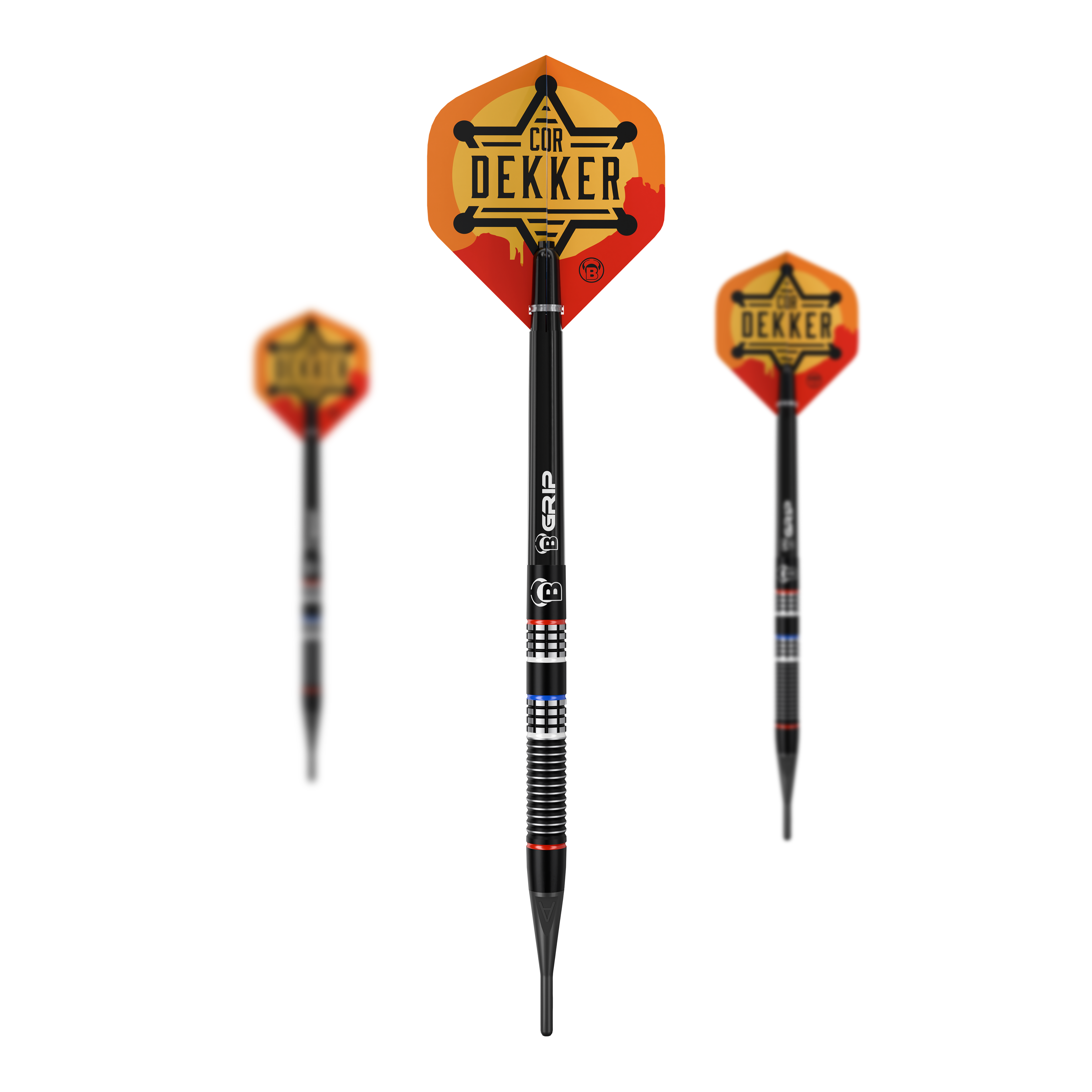 Auf diesem Bild sieht man die Bulls Cor Dekker The Sheriff Softdarts - 20g als komplettes Set. Die Darts liegen nebeneinander angeordnet.