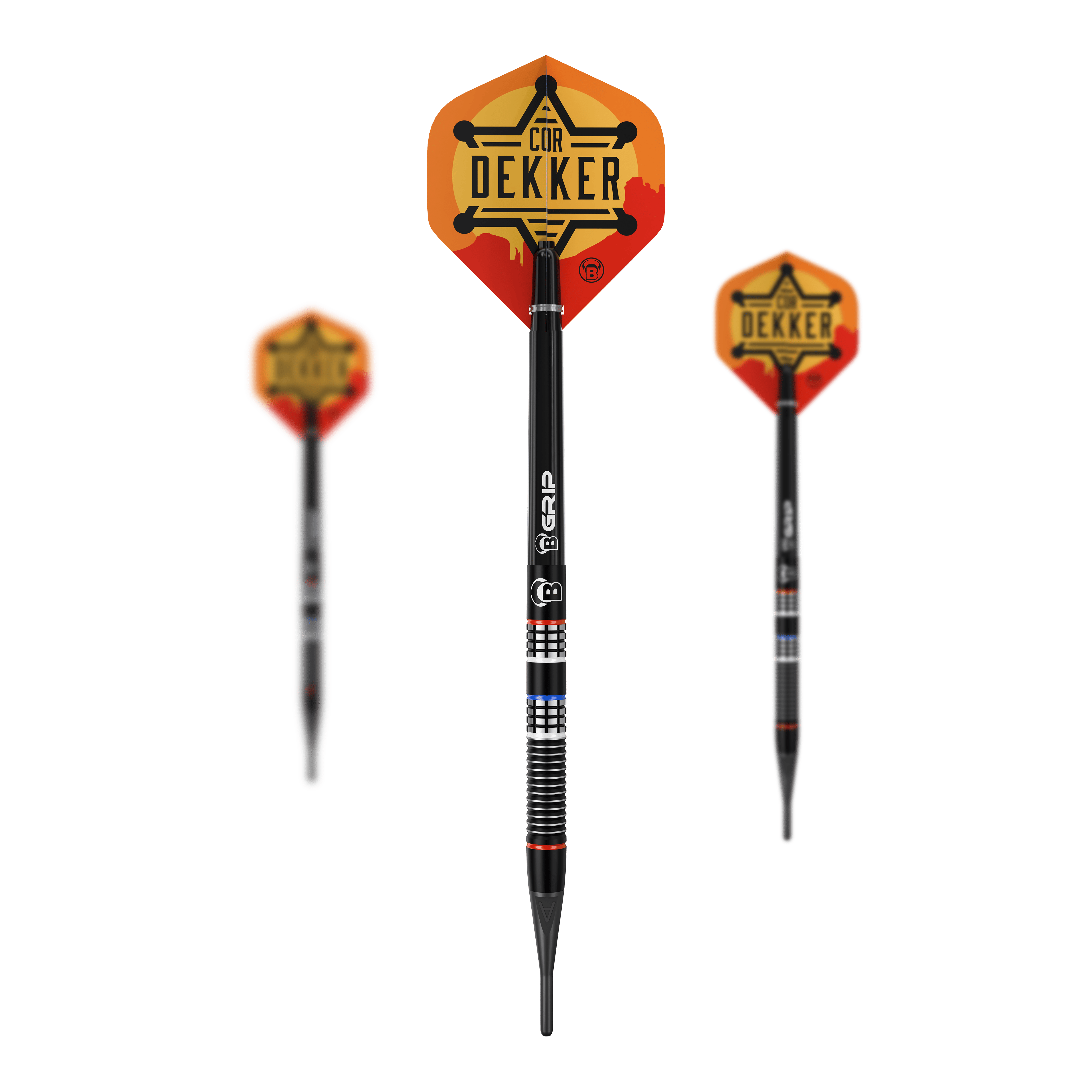 Bulls Cor Dekker The Sheriff Soft Darts - 20g Auf diesem Bild sieht man die Bulls Cor Dekker The Sheriff Softdarts - 20g als komplettes Set. Die Darts liegen nebeneinander angeordnet.