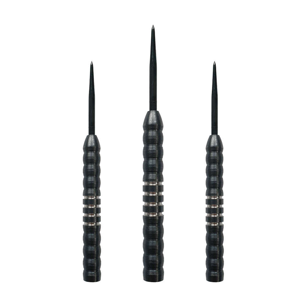 Stalowe beczki do rzutek McDart Midnight V1 Das Bild zeigt drei Steeldart-Barrels des Produkts „McDart Midnight V1 Steeldart Barrels“. Die Barrels sind schwarz mit silbernen Rillen und haben eine gerillte Oberfläche für besseren Halt.