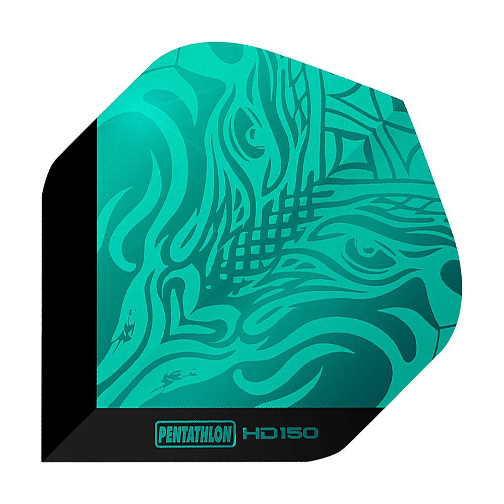 Pentathlon HD150 Metallic Aqua Standard Flights Dies ist ein Pentathlon HD150 Metallic Aqua Standard Flight. Das Flight hat ein auffälliges, türkisfarbenes Muster mit schwarzem Rand und Schriftzug.
