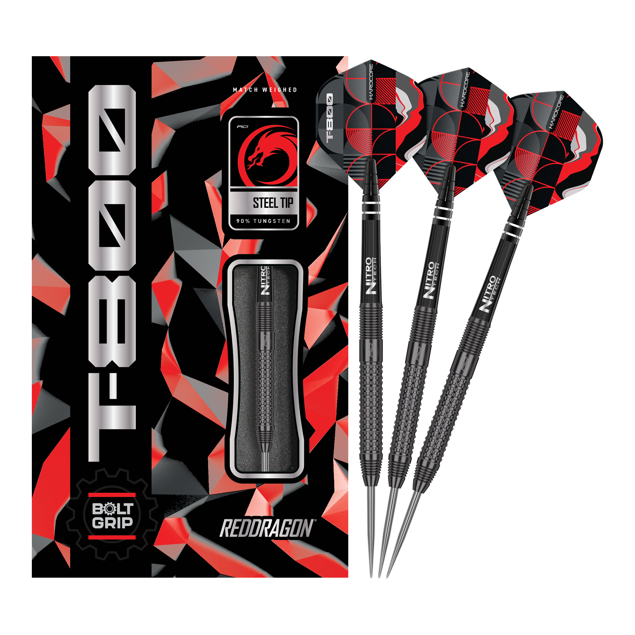 Red Dragon T-800 Steeldarts Das Bild zeigt die Red Dragon T-800 Steeldarts und ihre Verpackung. Die Darts haben ein schwarzes Design mit roten und silbernen Akzenten.