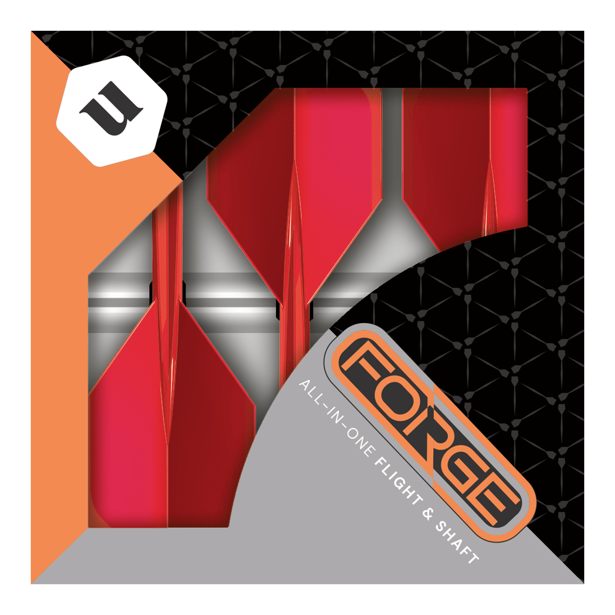 Das Bild zeigt eine Packung mit roten Unicorn Forge All In One Plus No2 Standard Flights in mittlerer Größe. Die Verpackung ist schwarz und orange mit dem Schriftzug "FORGE" und "ALL-IN-ONE FLIGHT & SHAFT".