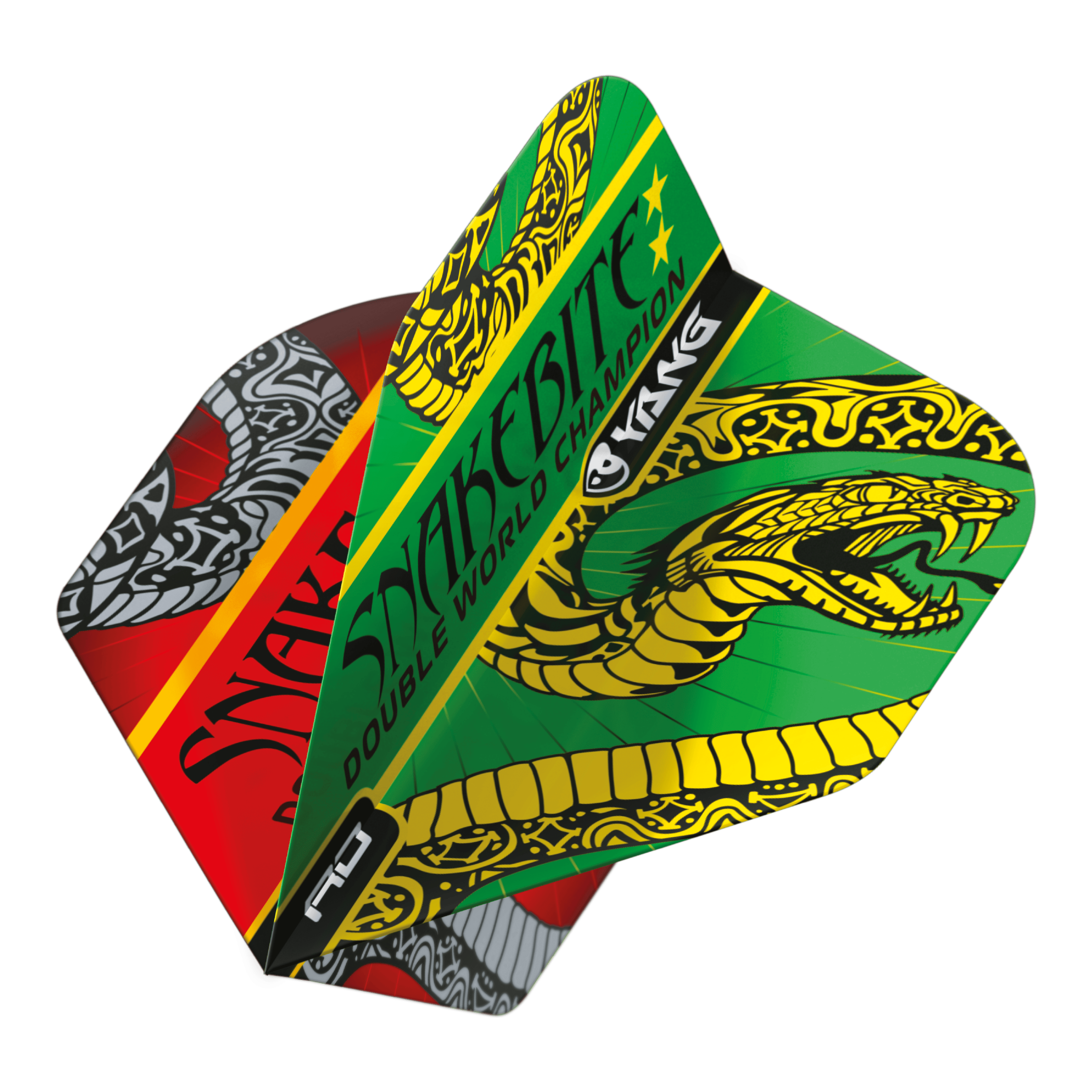 Red Dragon Peter Wright Ukąszenie Węża Czerwony Zielony Yin Yang Standardowe Loty Das Bild zeigt die Dart-Flights "Red Dragon Peter Wright Snakebite Red Green Yin Yang Standard Flights." Die Flights sind farbenfroh gestaltet und zeigen einen auffälligen Schlangen-Grafik sowie den Schriftzug "Snakebite."
