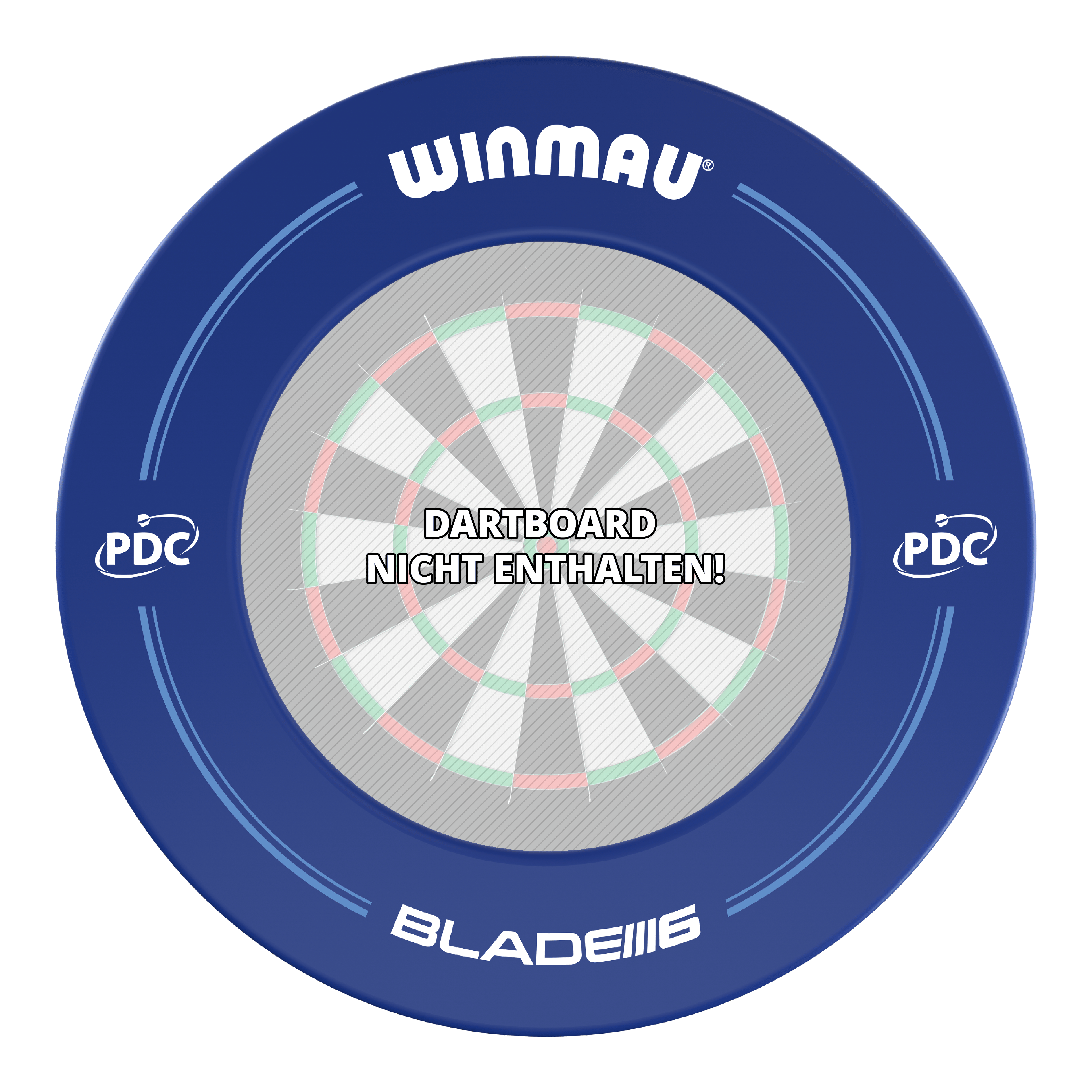Obudowa tarczy do darta Winmau PDC – niebieska Das Bild zeigt einen blauen Winmau PDC Dartboard Surround. In der Mitte steht der Hinweis "Dartboard nicht enthalten!".