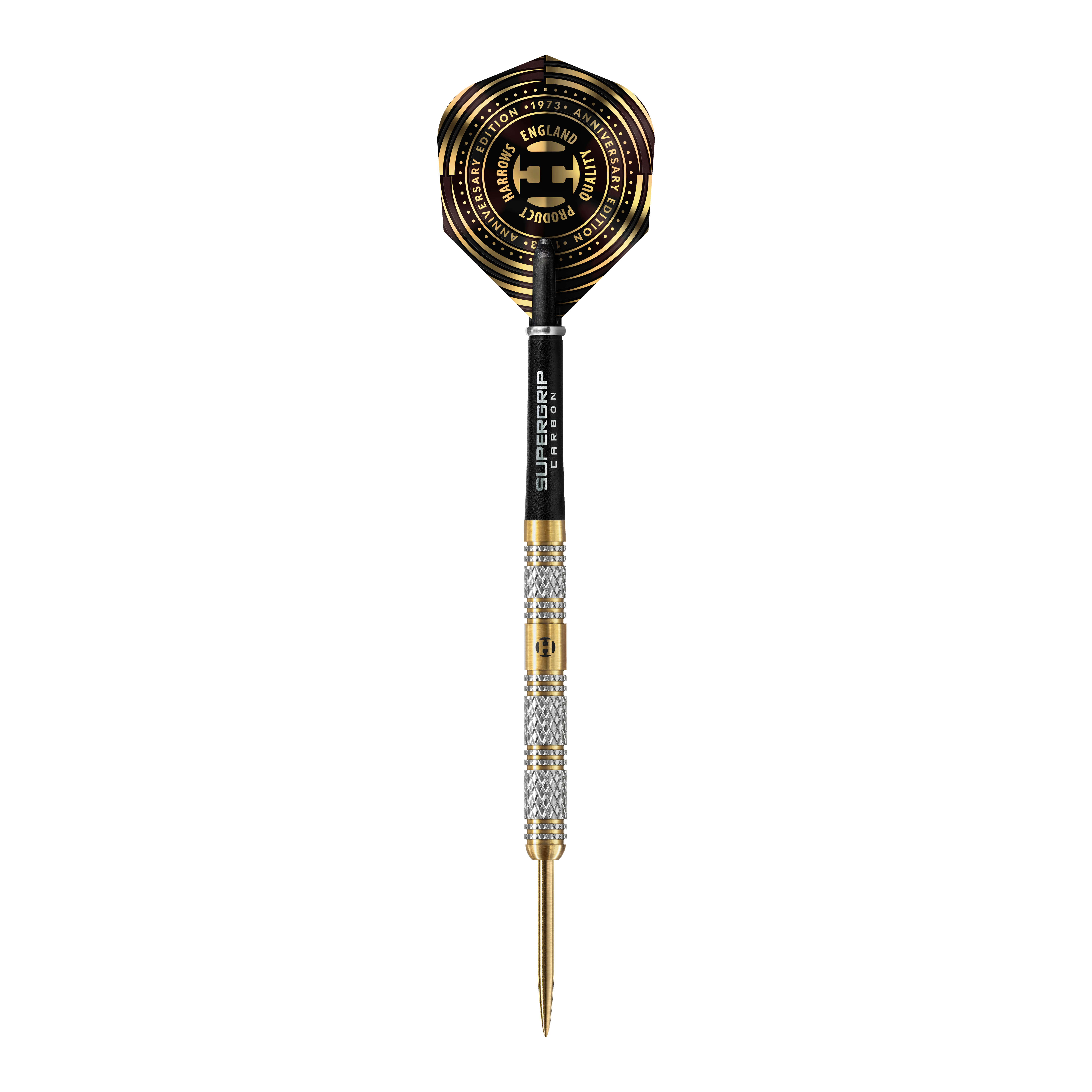 Harrows Anniversary Edition Magnum Steeldarts Das Bild zeigt einen hochwertigen Steeldartpfeil mit goldenen und silbernen Akzenten. Auf dem Flights sind kreisförmige, goldfarbene Muster und der Schriftzug "Anniversary Edition" zu sehen.